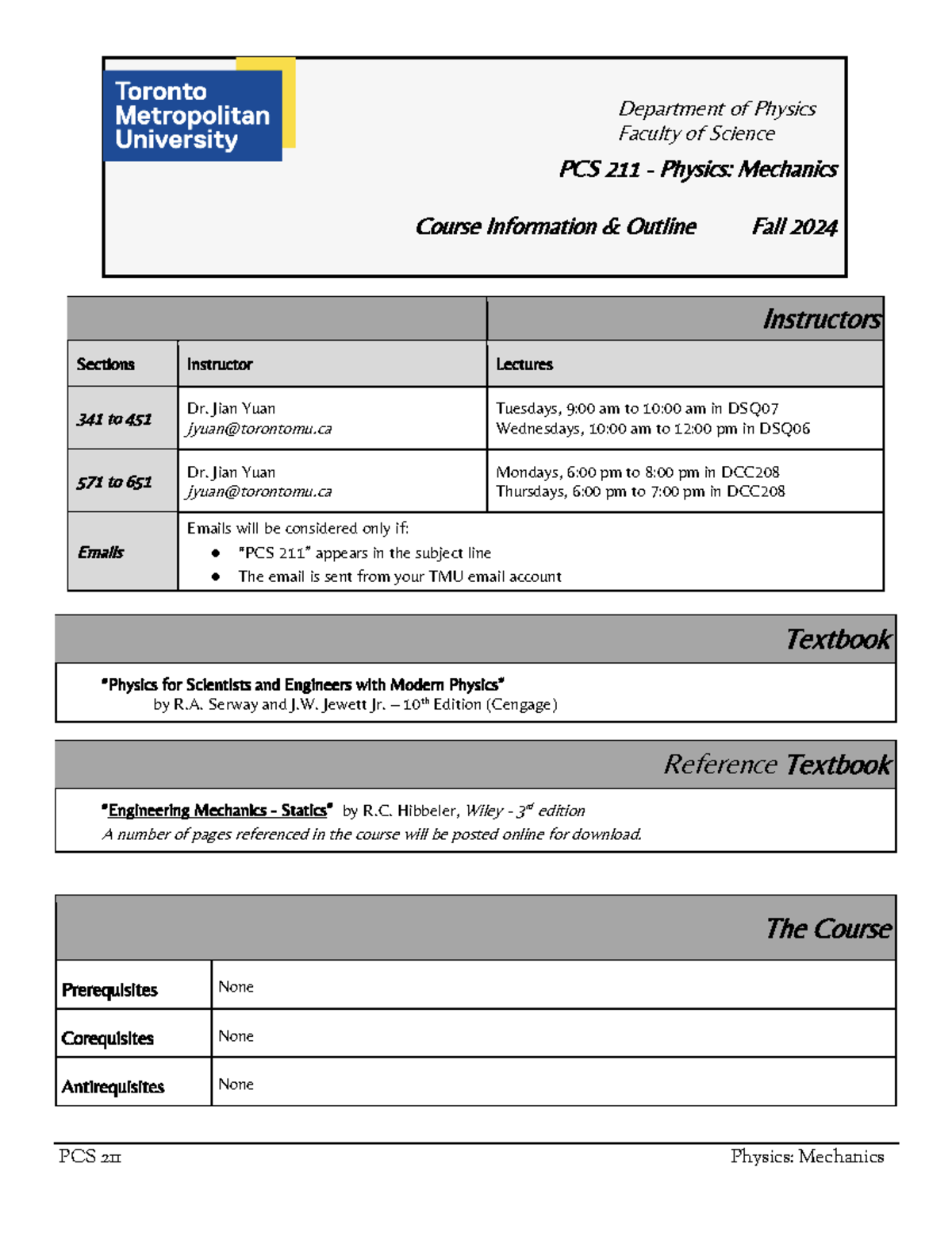 PCS 211 Physics: Mechanics Course Outline - Fall 2024 - Studocu