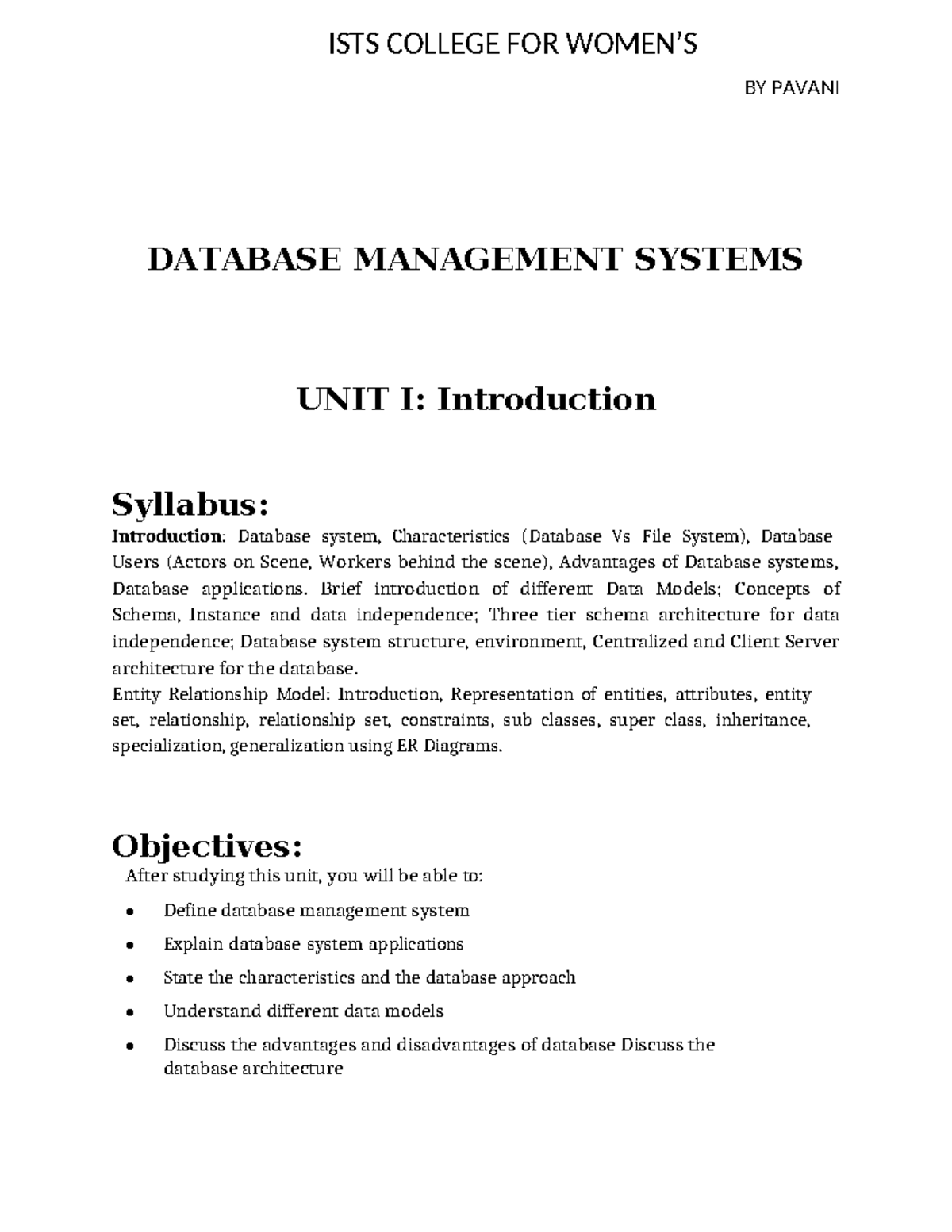 DBMS (R20) UNIT - 1 - Introduction to Database Management Systems - Studocu