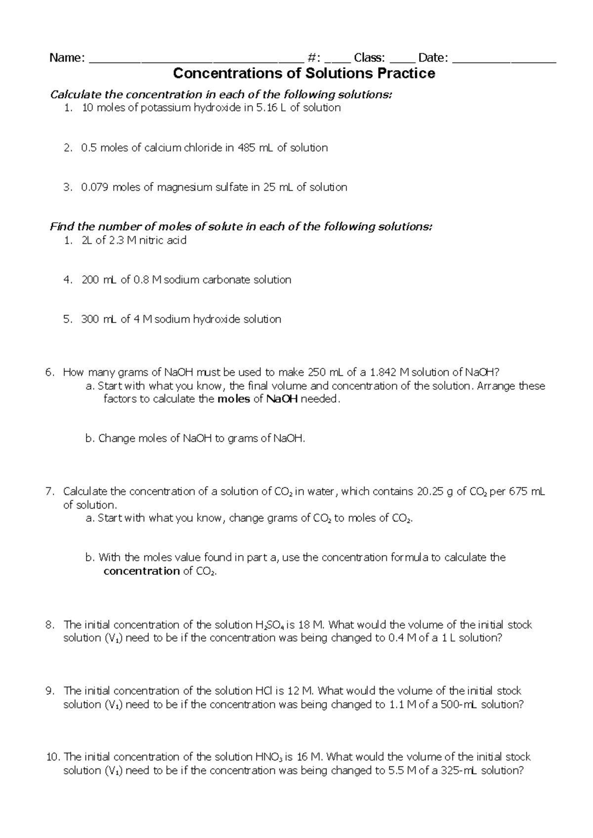 Concentrations of Solutions Practice - Chemistry 101 - Studocu