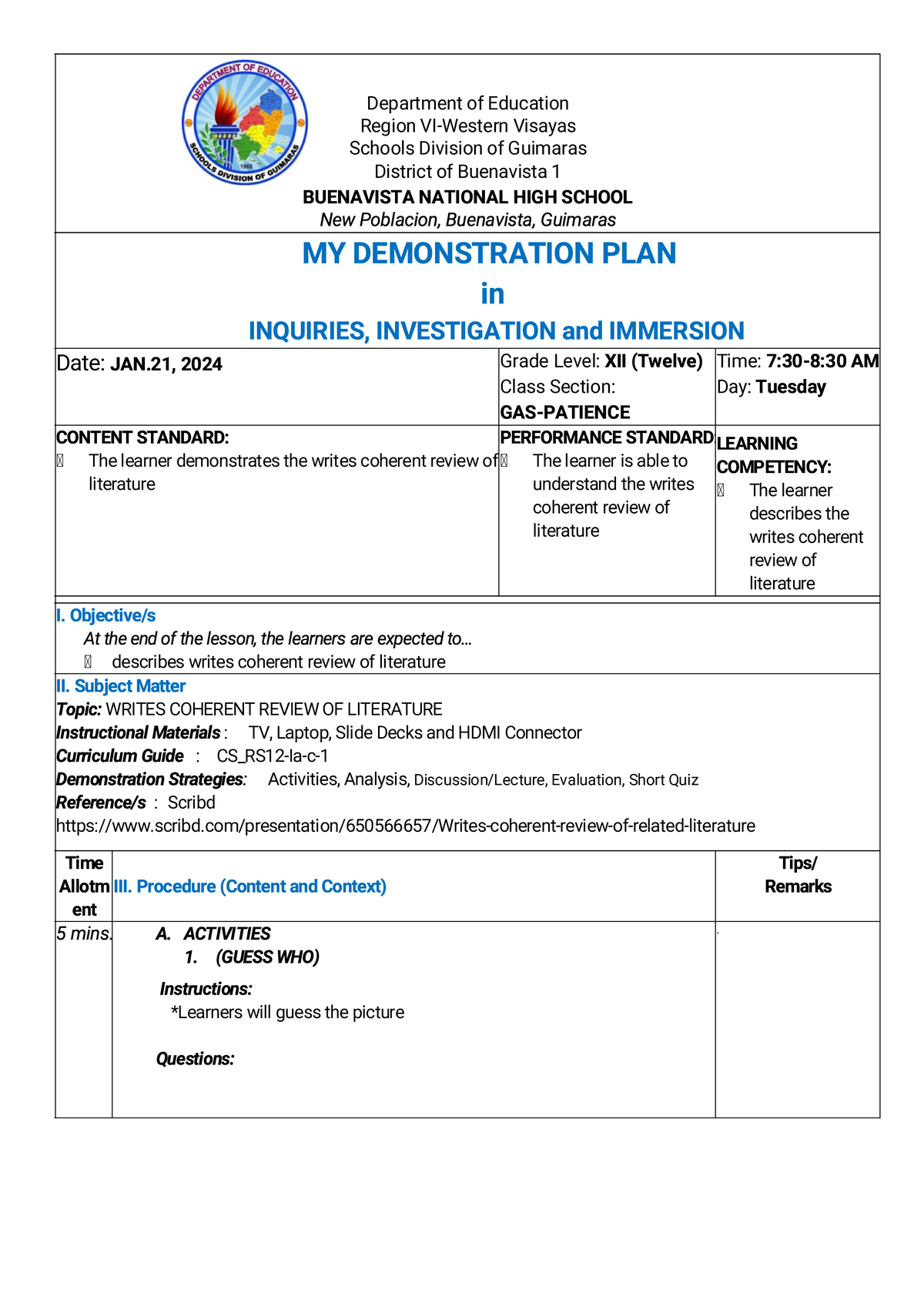 Demo-Plan-1 - Hsishwihshq - Department of Education Region VI-Western ...