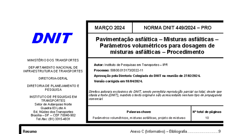Norma DNIT 449 PRO: Parâmetros Volumétricos em Misturas Asfálticas ...