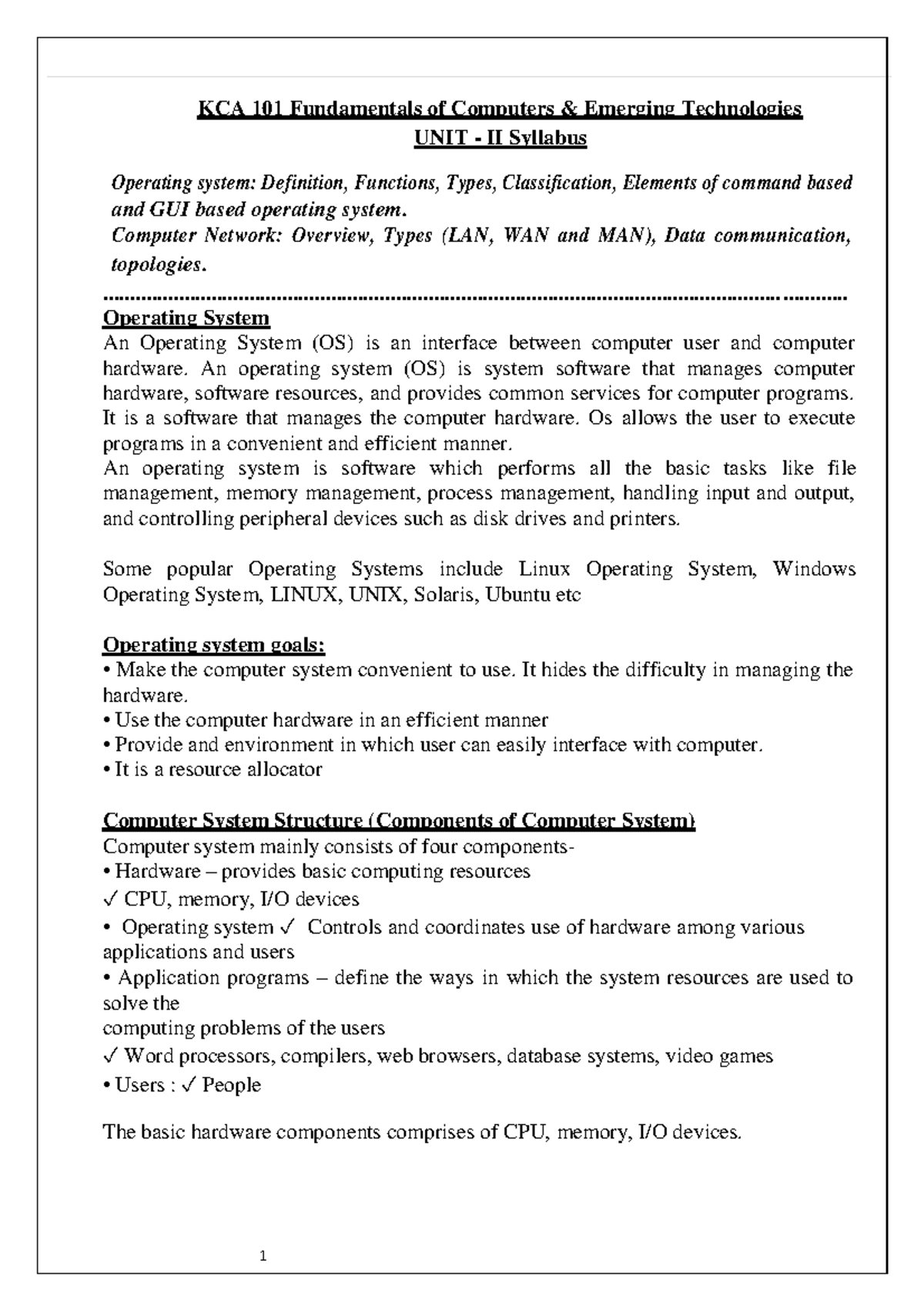 MCA 1 KCA 101 UNIT 2 - Comprehensive Notes on OS & Networks - Studocu