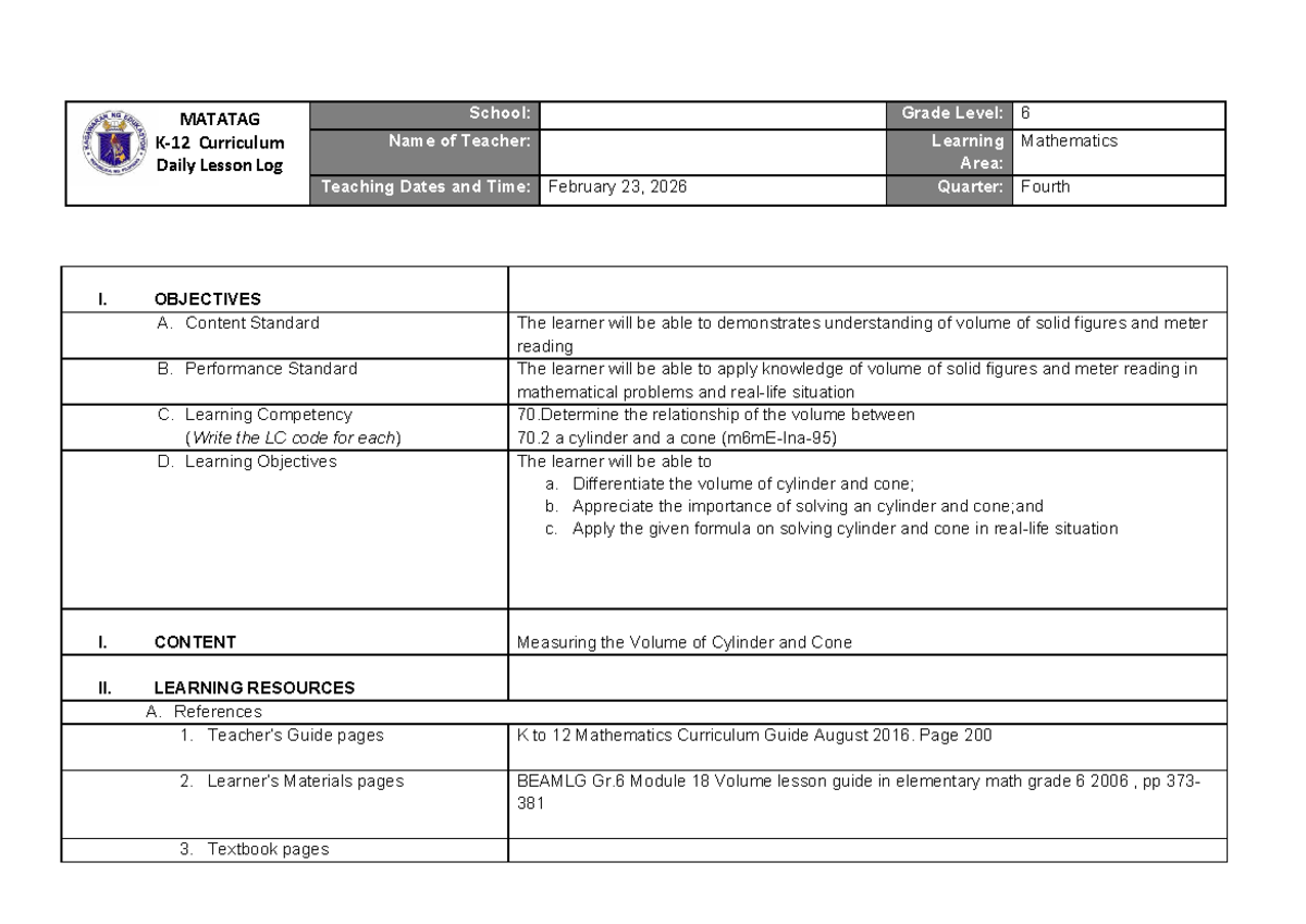 MATATAG Curriculum Daily Lesson Log: Volume of Solid Figures (Gr. 6 ...