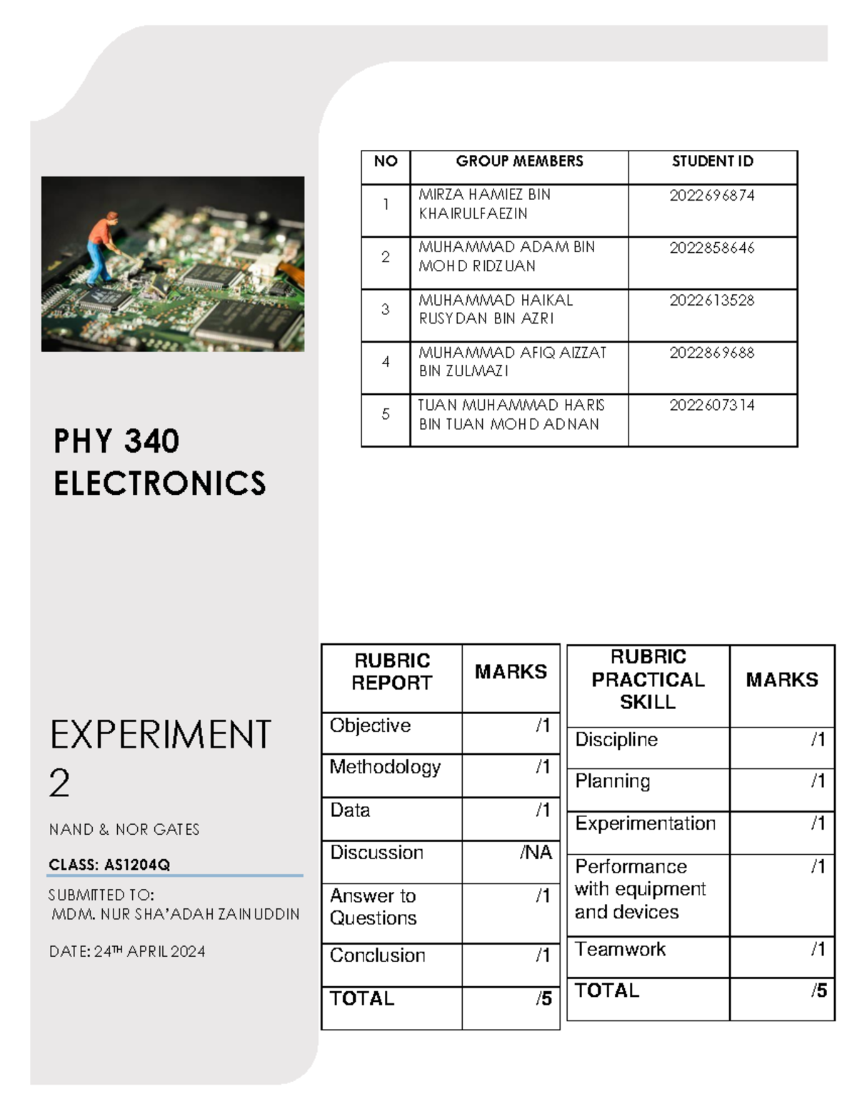 PHY340 Lab Report: Experiment 2 - NAND & NOR Gates Analysis - Studocu