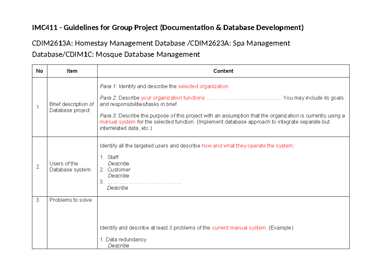 IMC411 - Group Project Guidelines for Database Development & Management ...
