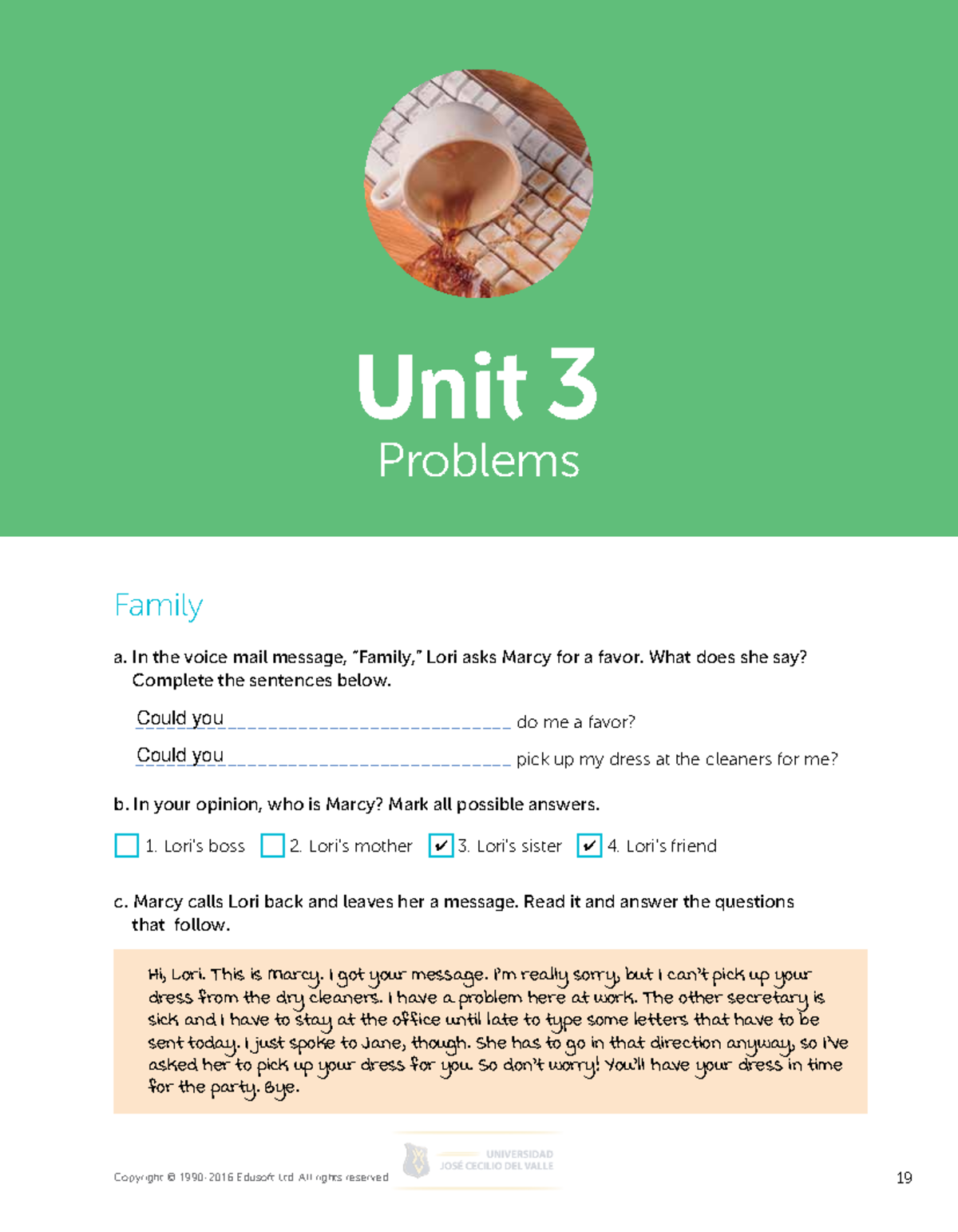 Intermediate 2 Workbook Unit 3 - Family a. In the voice mail message ...