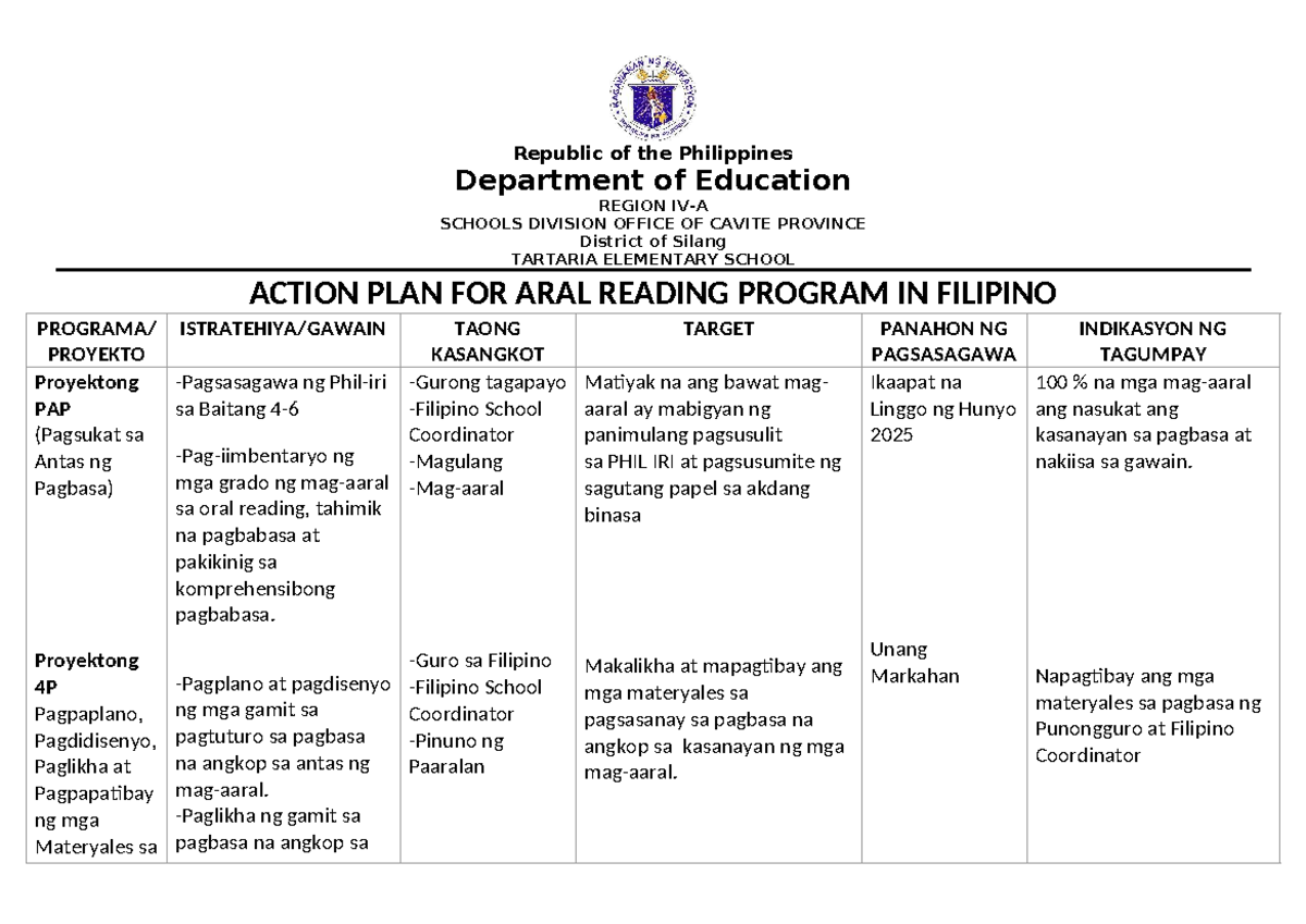Action Plan for Aral Reading Program in Filipino (4P) - Studocu