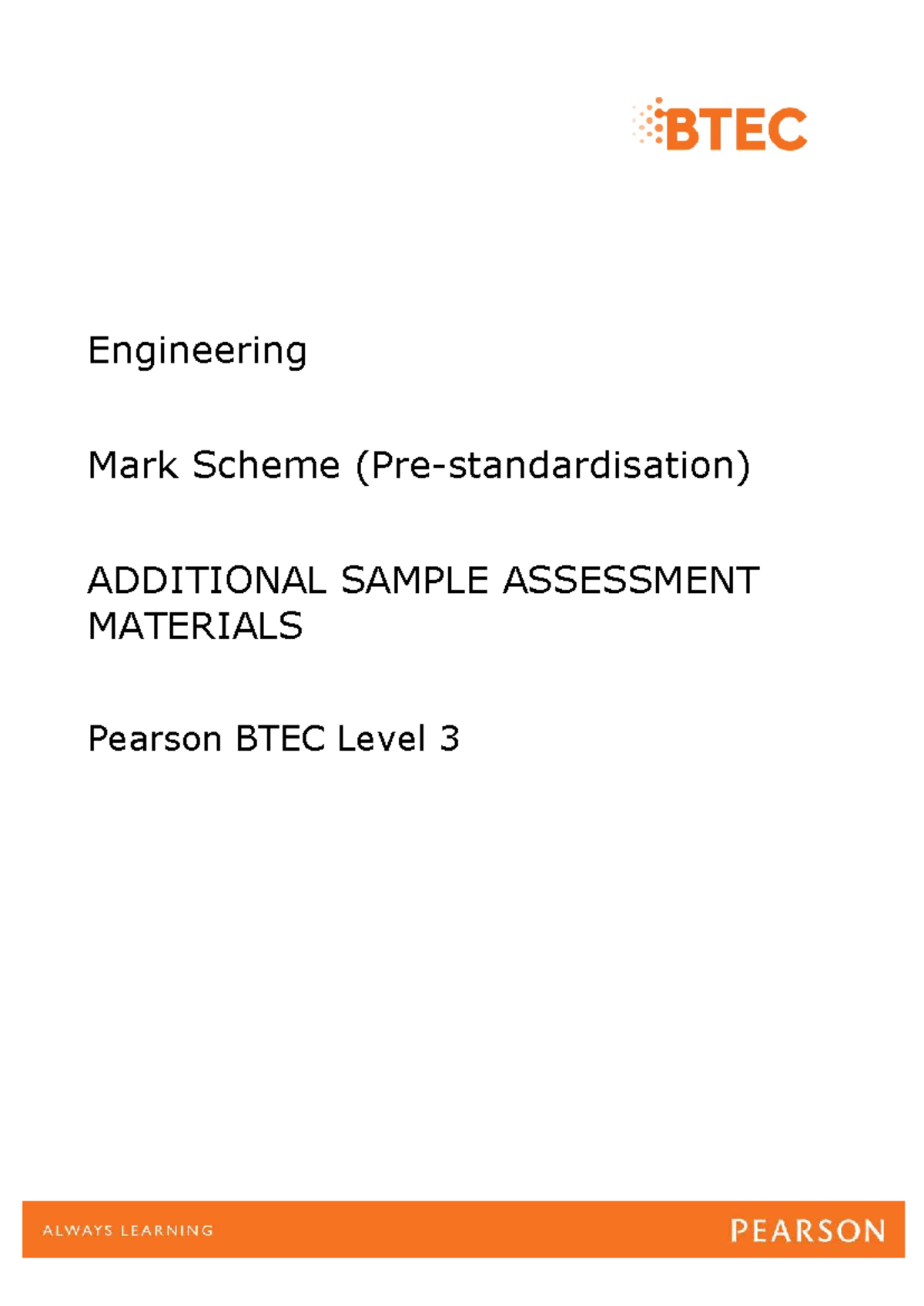 BTEC L3 Engineering Unit 1 Mark Scheme & Sample Assessment 2018 - Studocu