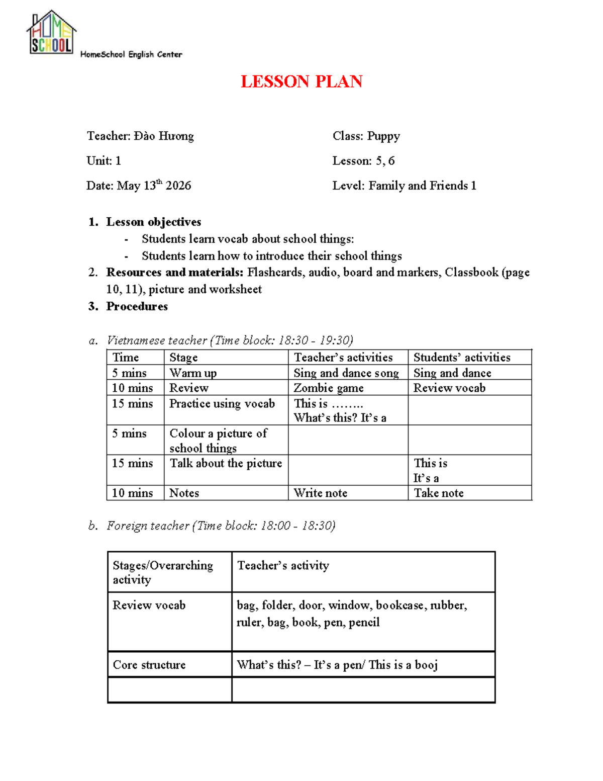 FF1 U1 L5,6 - Lesson Plan for Grade 1 on School Vocabulary - Studocu