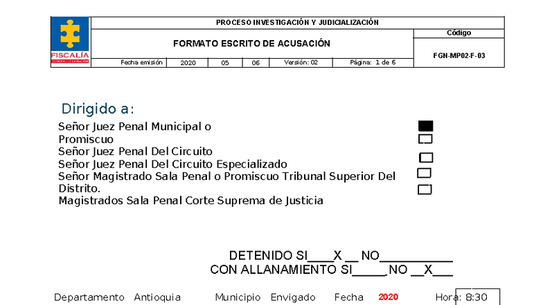 Formato Escrito de Acusación - Proceso Judicial 2020 05 - Studocu