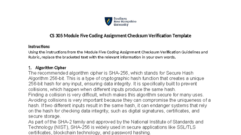 CS 305 Final Exam 5-1 Coding Assignment: Checksum Verification Guide ...