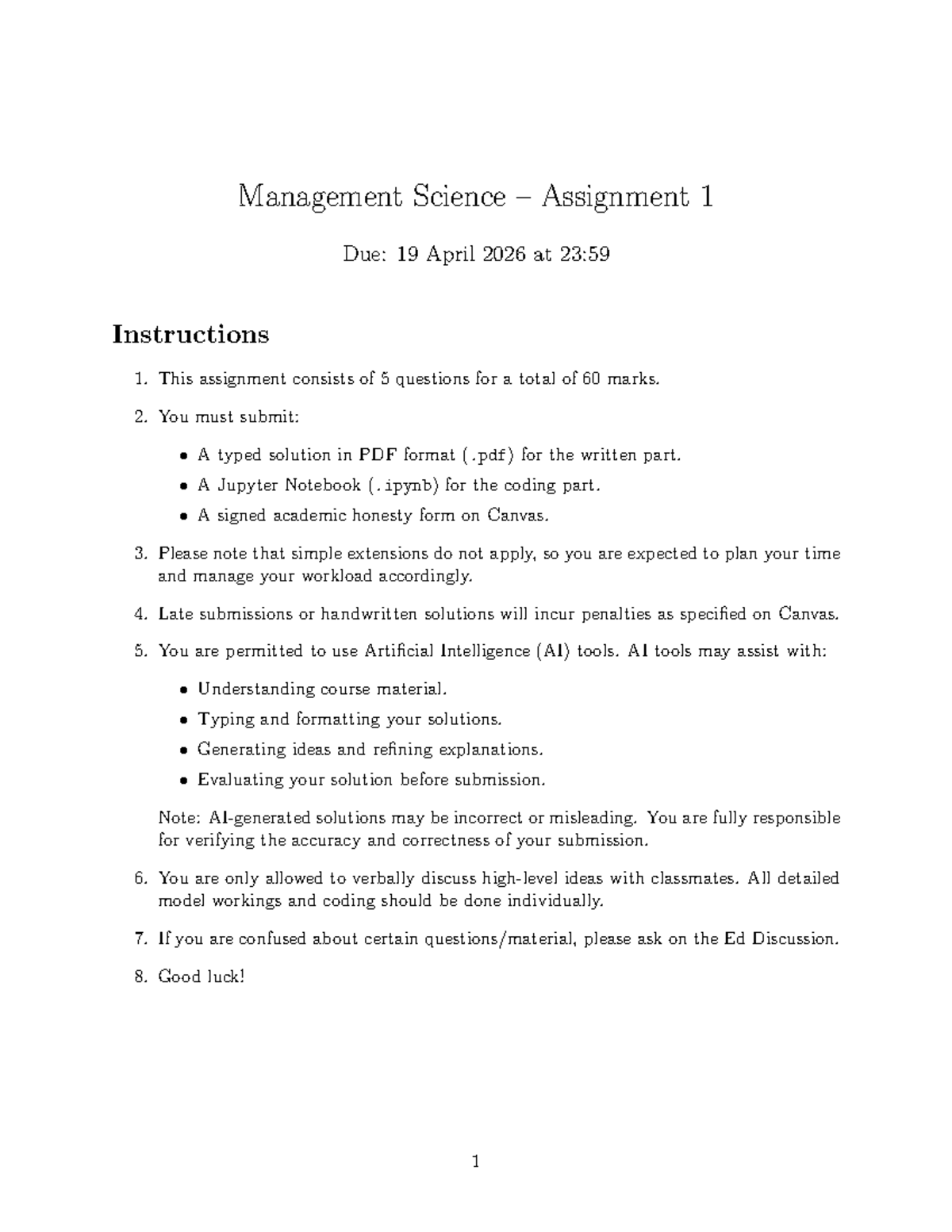 Management Science Assignment 1: Optimization & Financial Planning ...