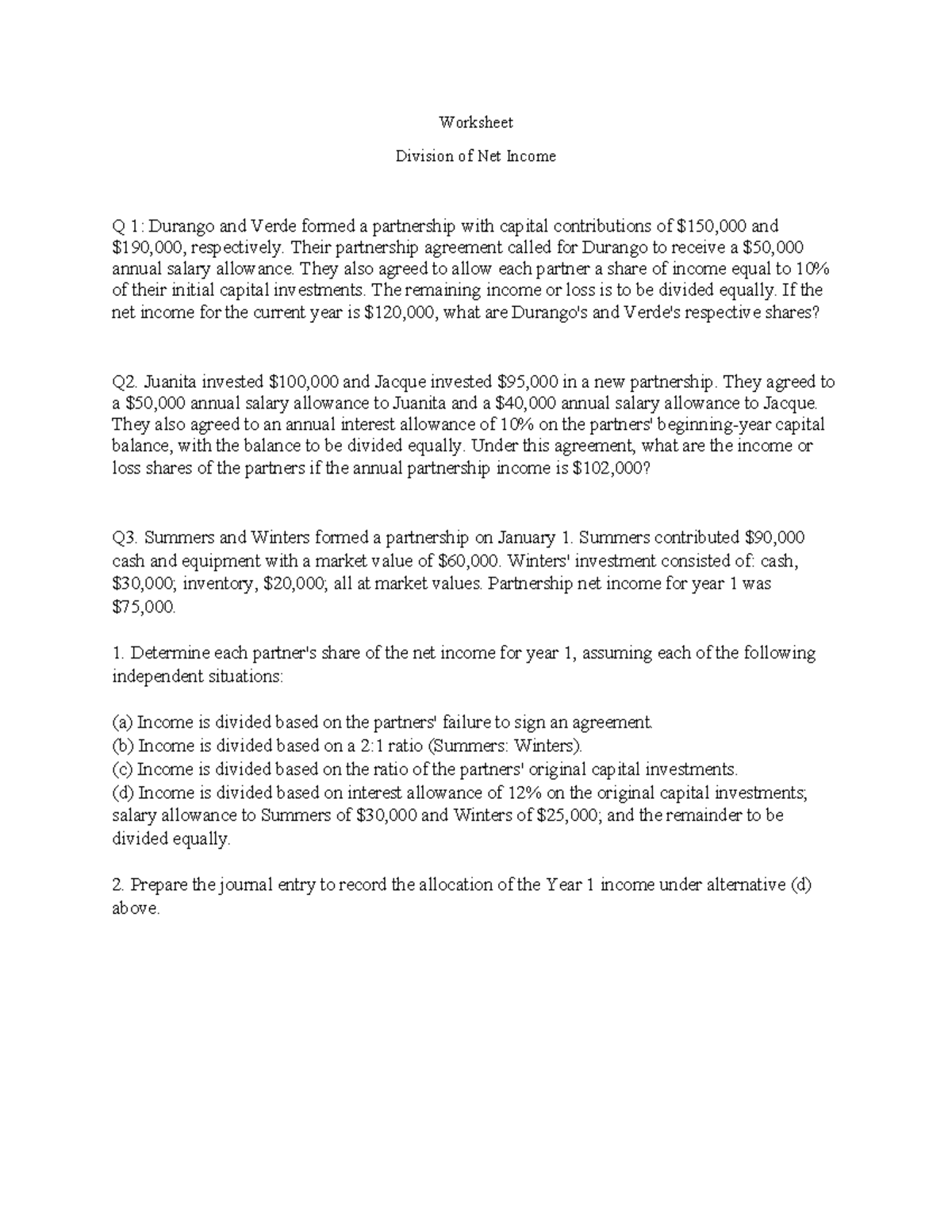 Worksheet: Division of Net Income Q1-Q3 for Partnership Accounting ...