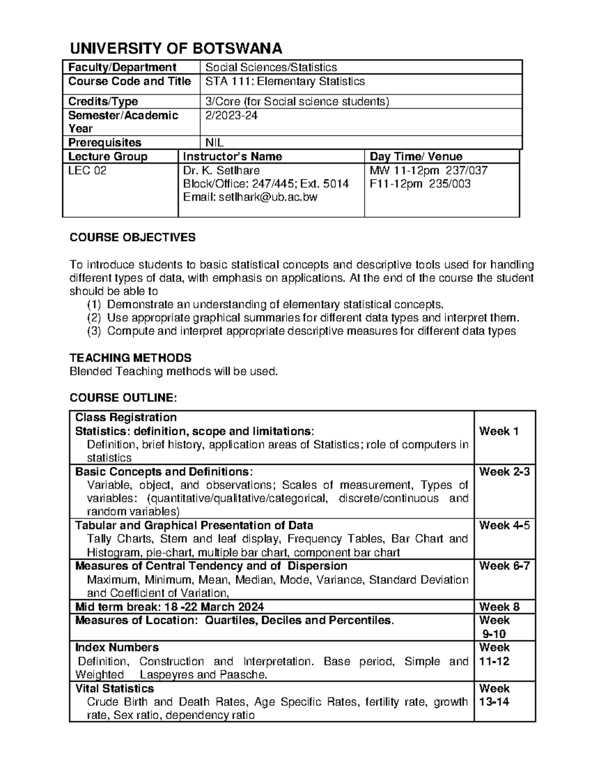 STA 111 Course Outline - Elementary Statistics Overview 2023-24 - Studocu