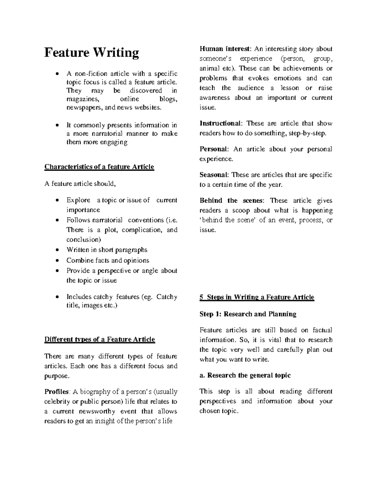 Feature Writing Handouts: Key Elements & Steps to Create Engaging ...
