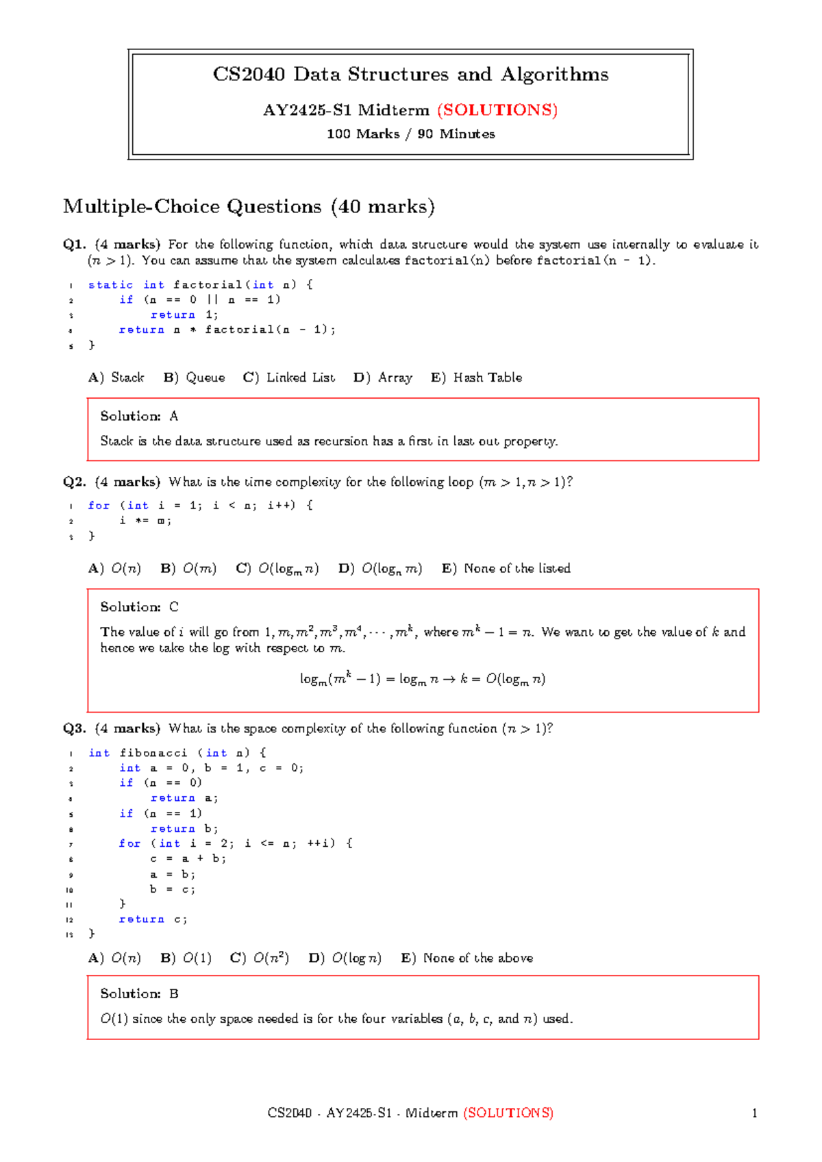 CS2040 Data Structures and Algorithms Midterm Solutions - Studocu
