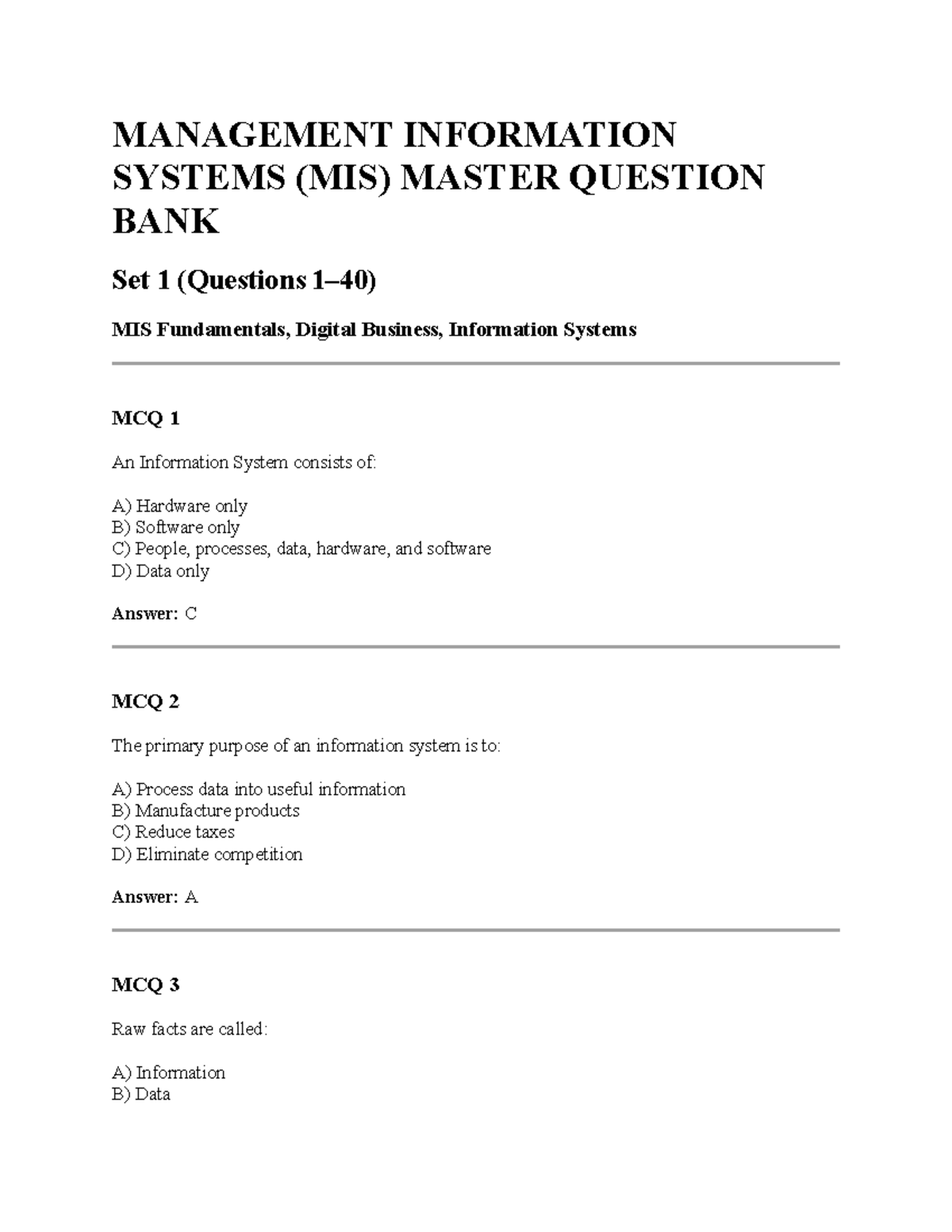 MANAGEMENT INFORMATION SYSTEMS (MIS) MASTER QUESTION BANK Set 1-3 - Studocu