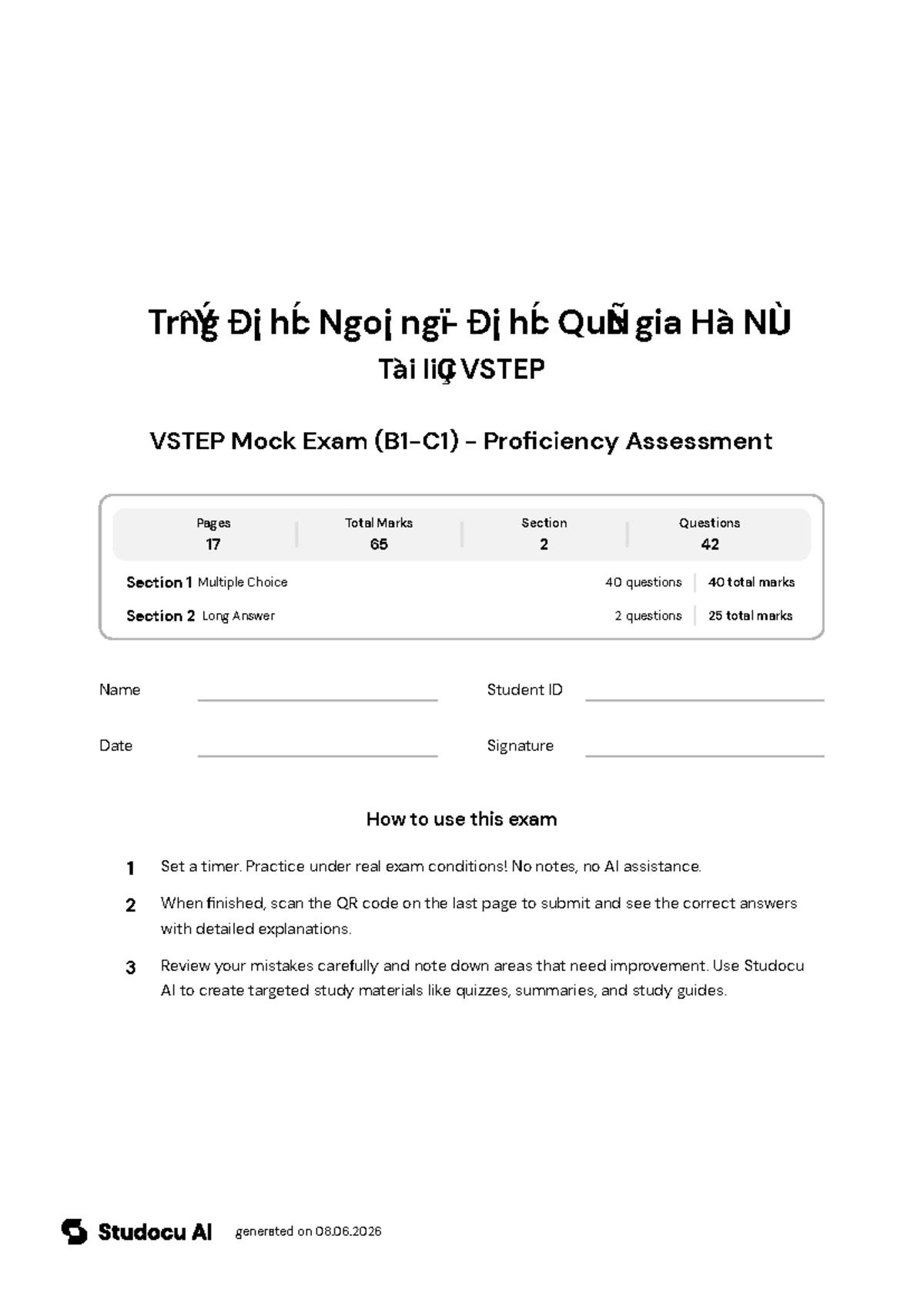 VSTEP Mock Exam (B1-C1) - Proficiency Assessment - Studocu