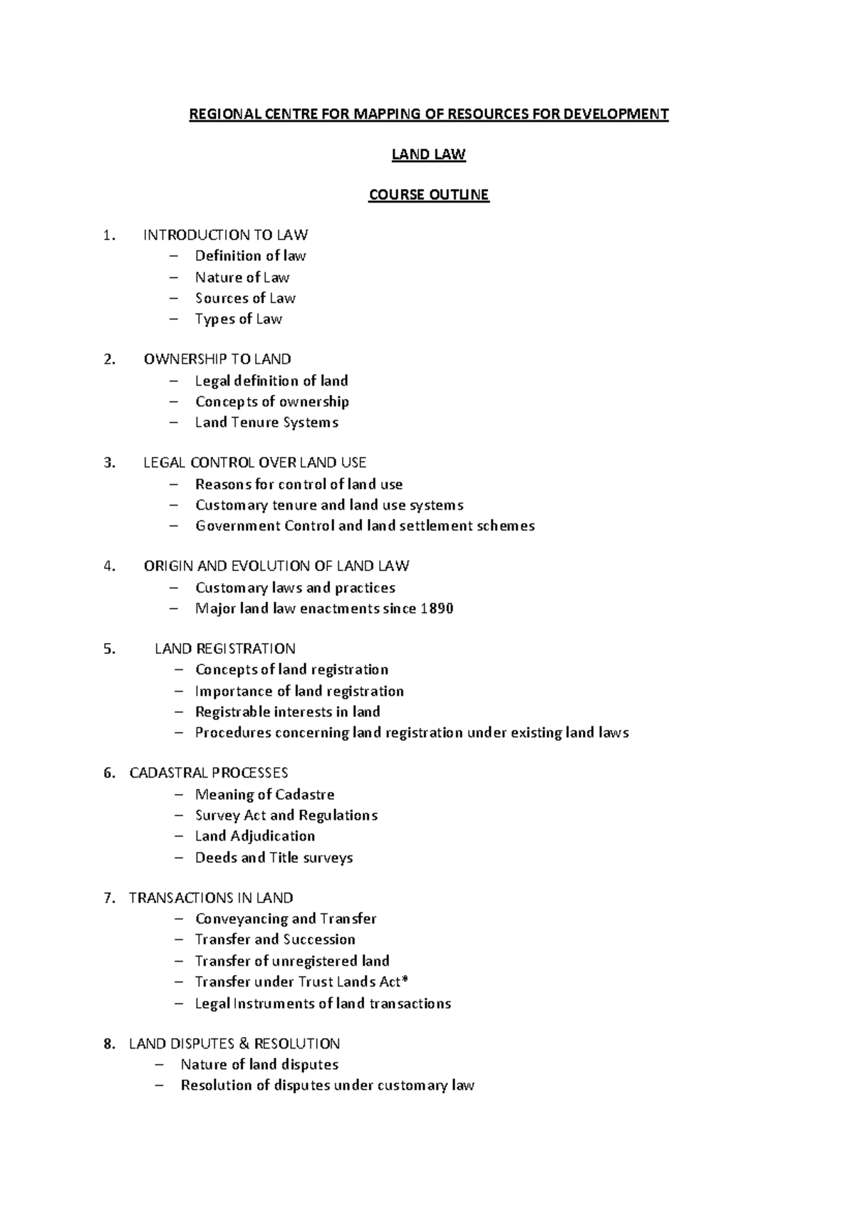 Land Law Course Outline (LAW 101): Key Concepts and Principles - Studocu