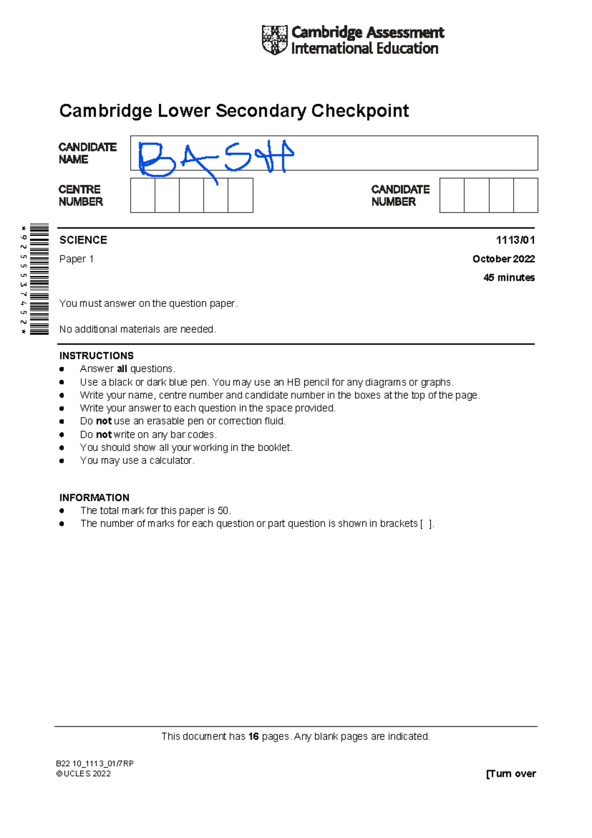 Cambridge Lower Secondary Checkpoint SCIENCE Paper 1 QP - Oct 2022 ...