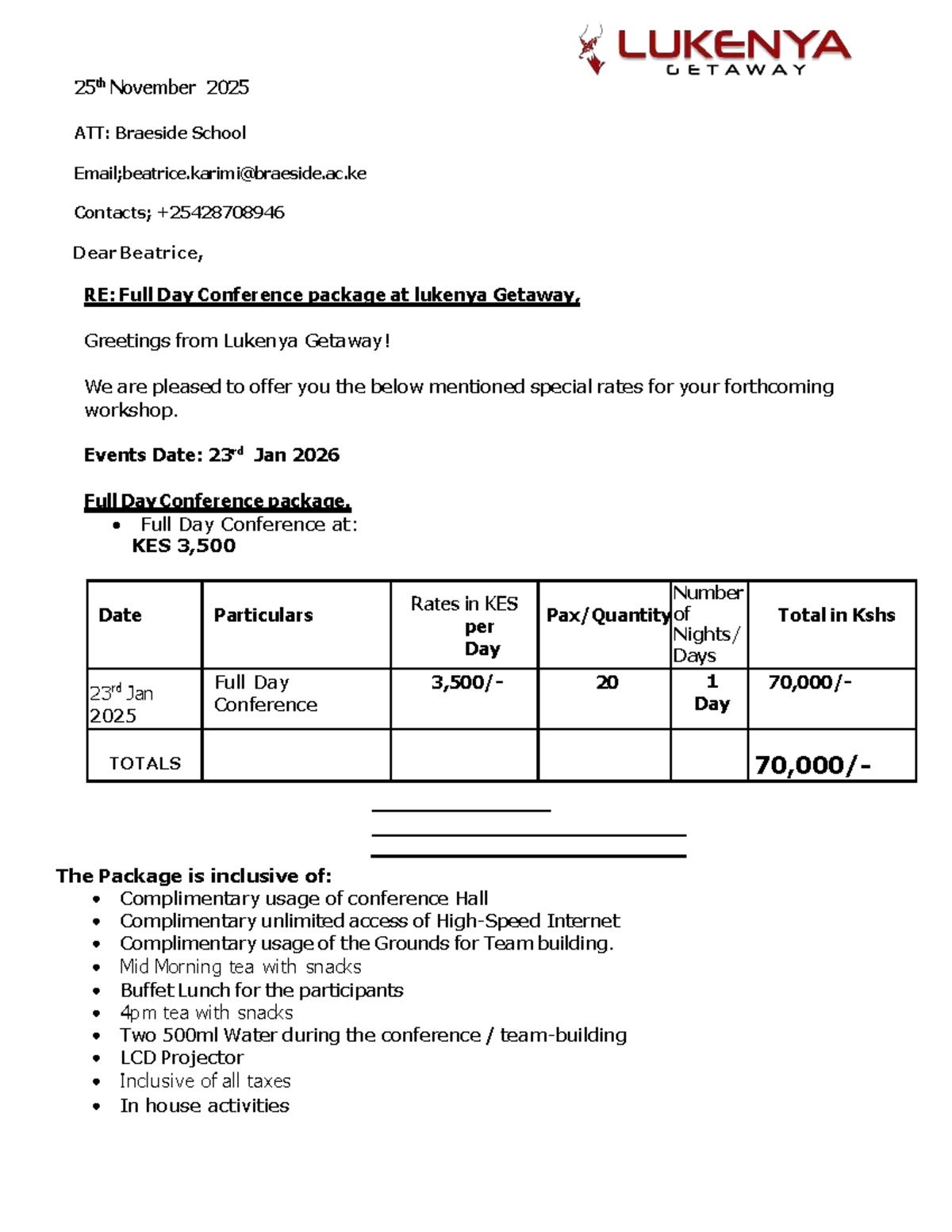 Lukenya Getaway Conference Package Quotation - Braeside School - Studocu
