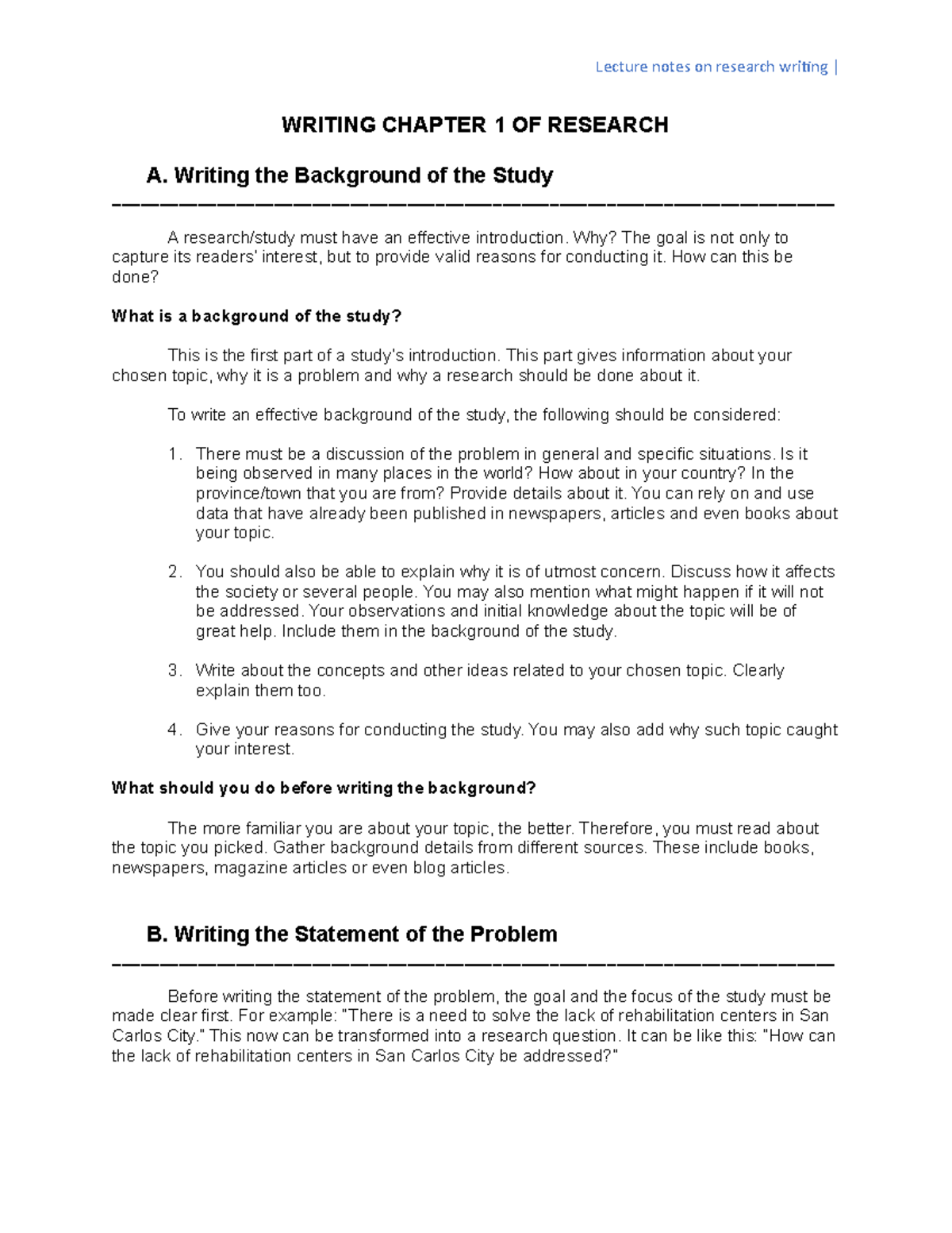 Writing Chapter 1 of Research: Background, Problem, and Scope - Studocu
