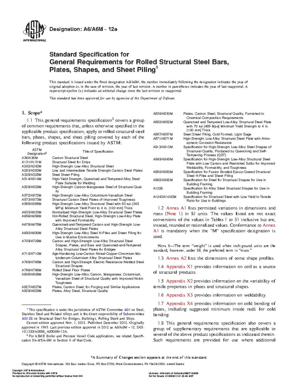 ASTM A6/A6M 12a Specification for Rolled Structural Steel Products - Document Preview