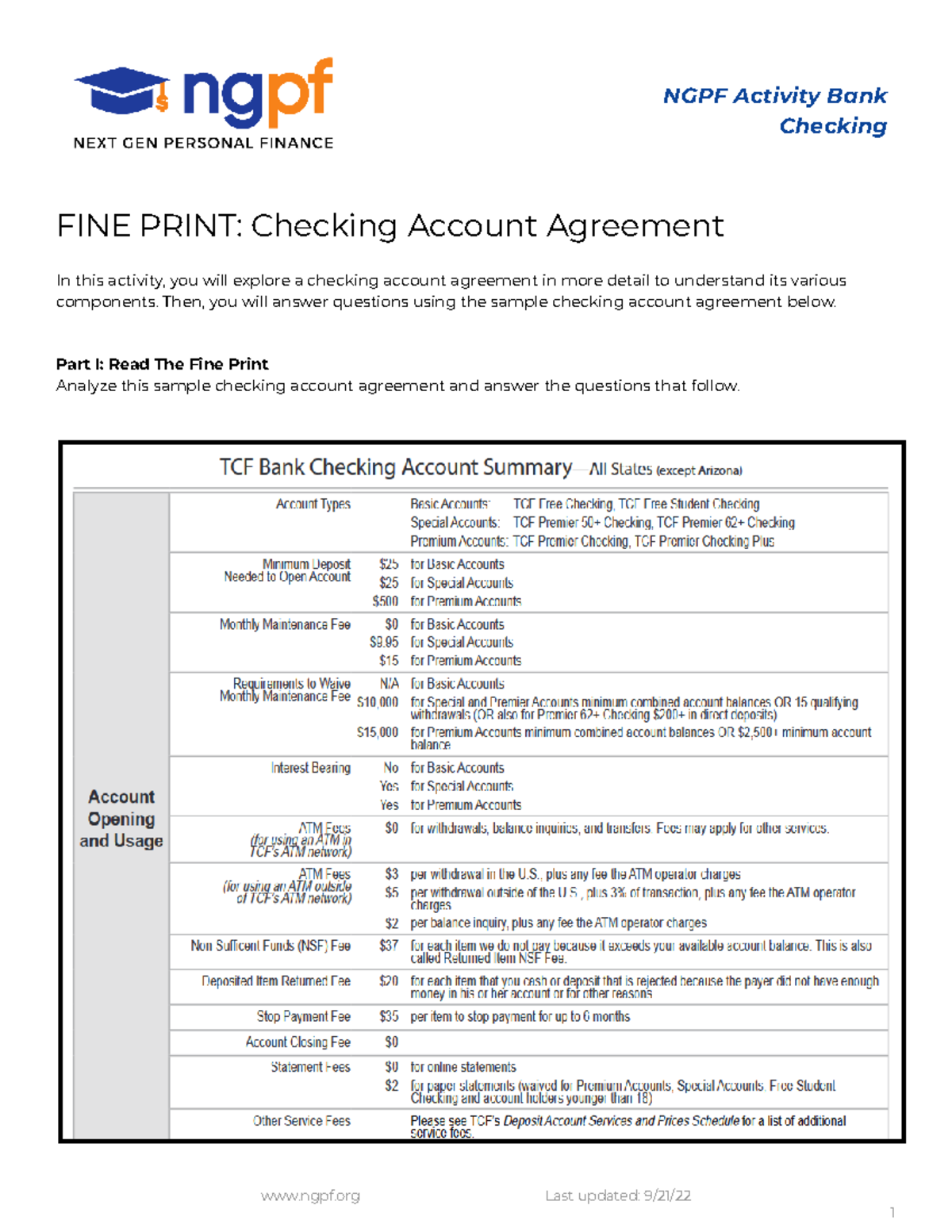 NGPF Activity Bank: Analyzing Checking Account Agreements - Studocu