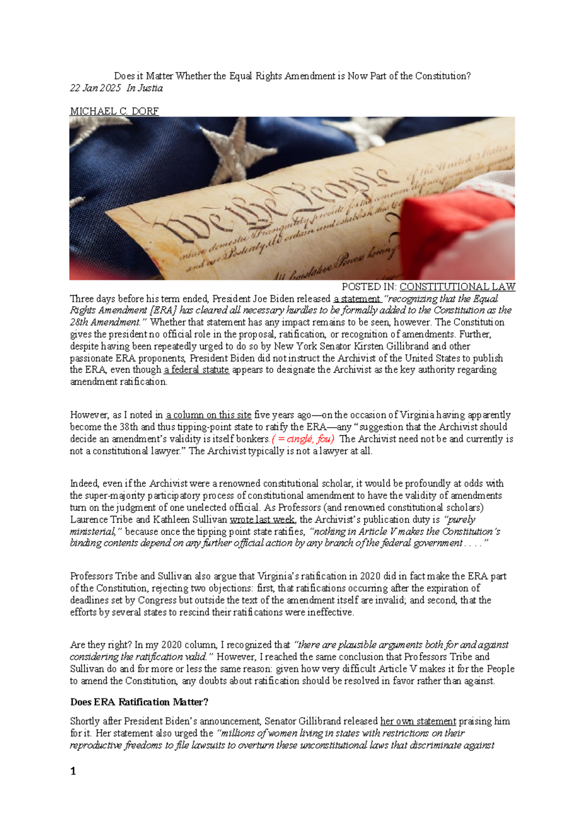 The Equal Rights Amendment: Constitutional Status and Implications ...