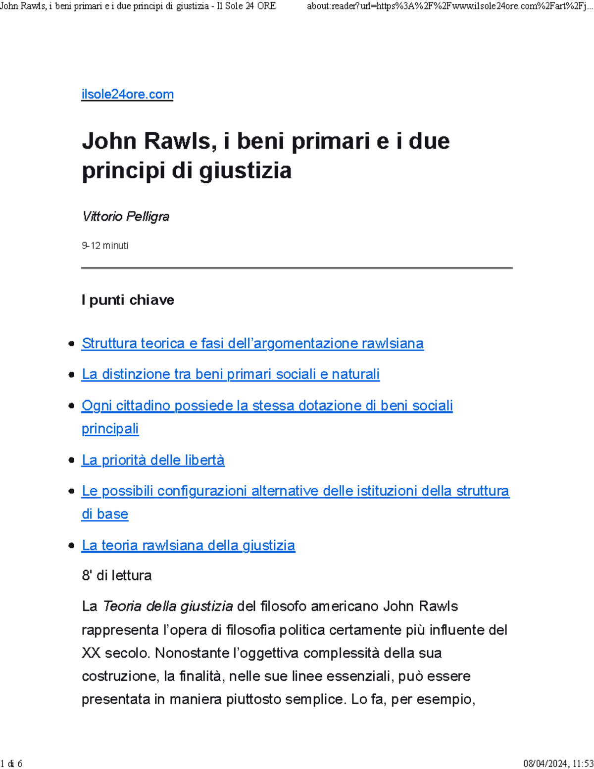 John Rawls testo - ilsole24ore John Rawls, i beni primari e i due ...
