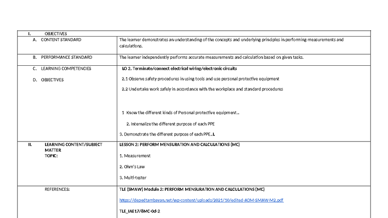 Lesson Plan: TLE (SMAW) Module 2 - Perform Mensuration & Calculations ...