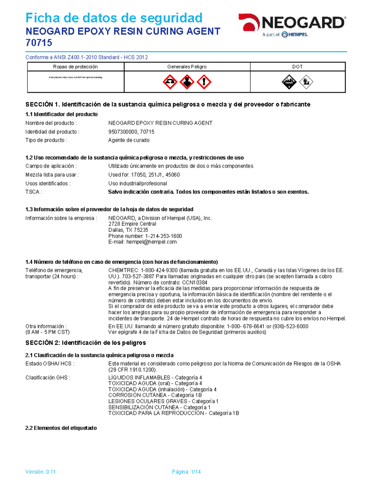 Ficha de Datos de Seguridad NEOGARD EPOXY RESIN CURING AGENT 70715 ...