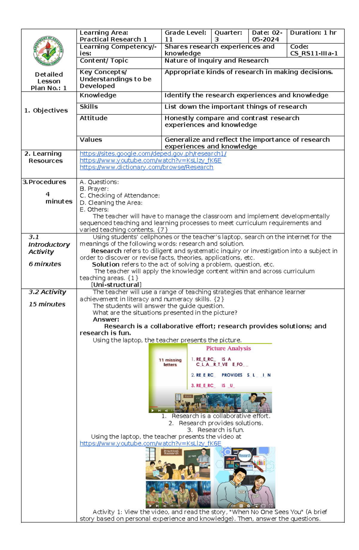 PR1 DLP D1 - Day 1 Lesson Plan on Nature of Inquiry in Research - Studocu