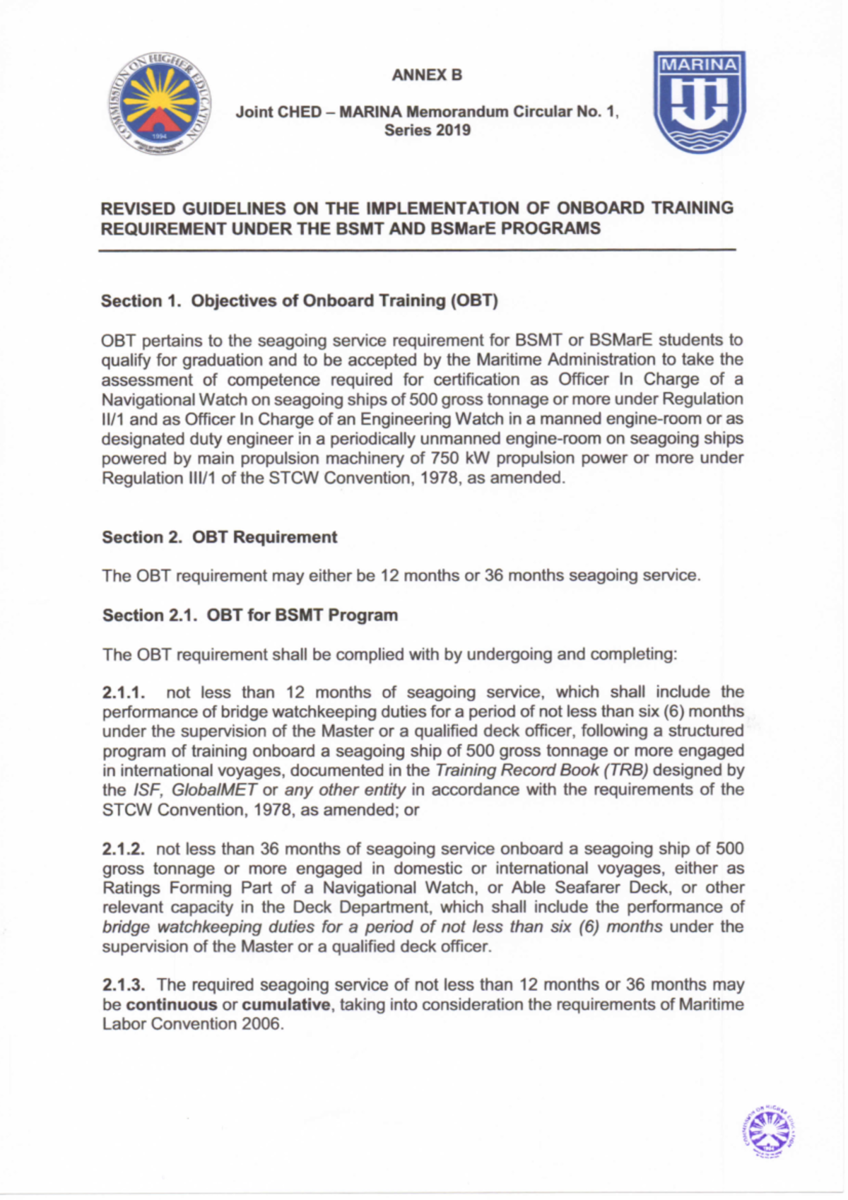 JCMC No. 1: Revised OBT Guidelines for BSMT & BSMarE Programs - Studocu