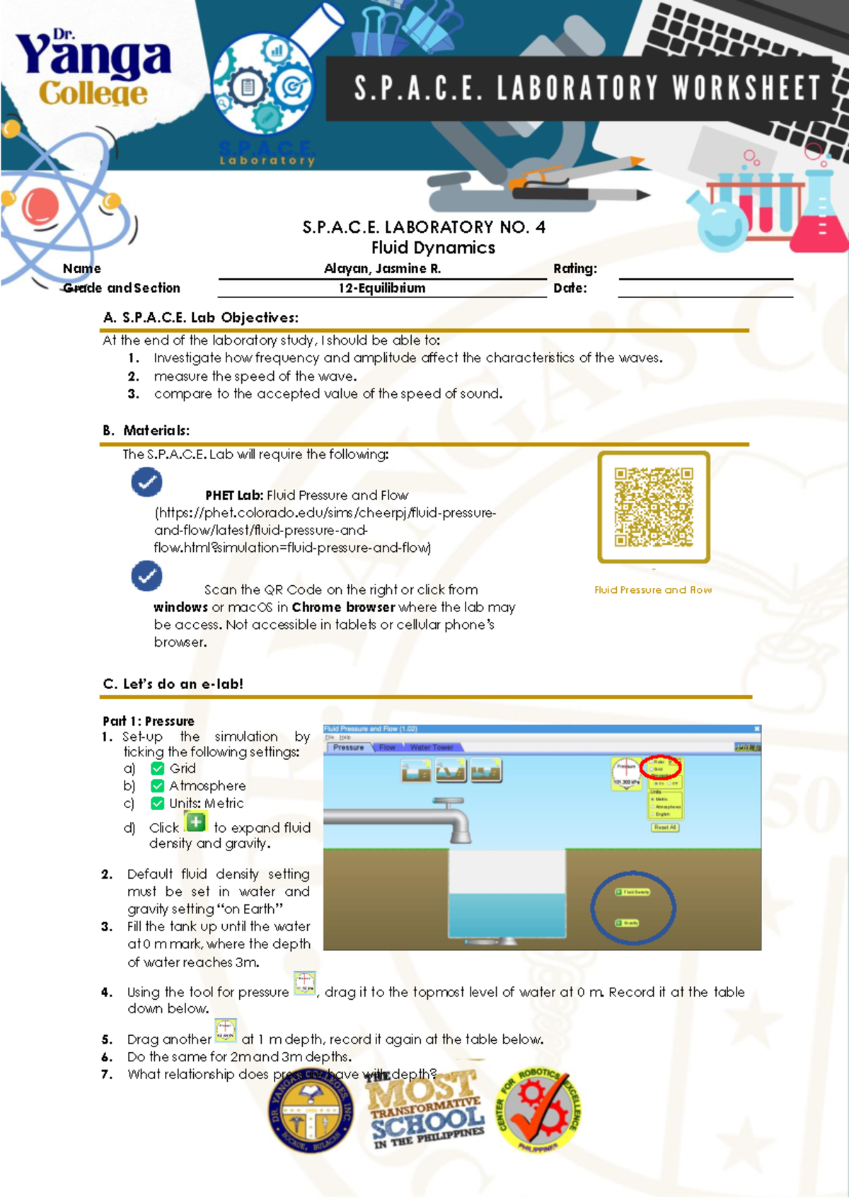 Space LAB -Q2-4- Fluids - S.P.A.C. LABORATORY NO. 4 Fluid Dynamics A. S ...