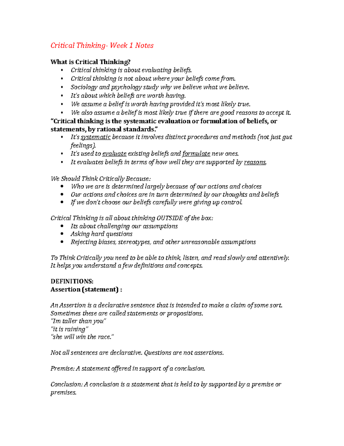 Critical Thinking Notes - Lecture Overview for Weeks 1-6 - Studocu
