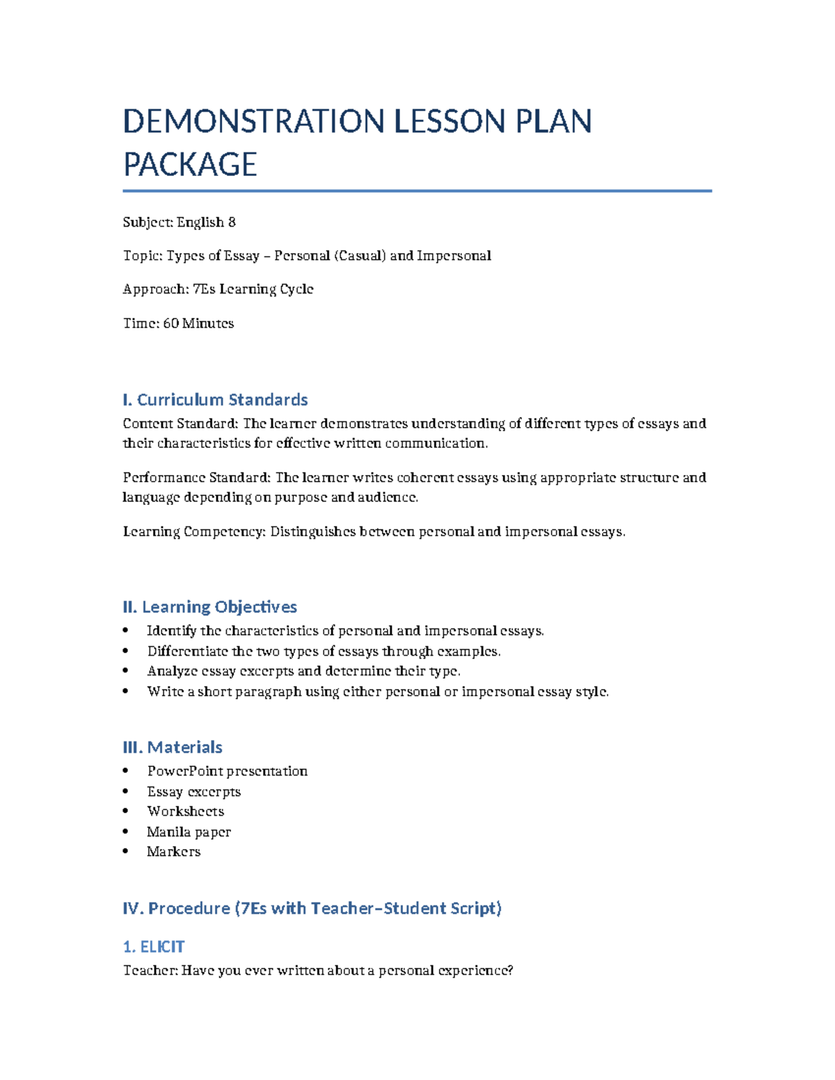 ENG 8 Final Lesson Plan: Personal vs. Impersonal Essays - Studocu