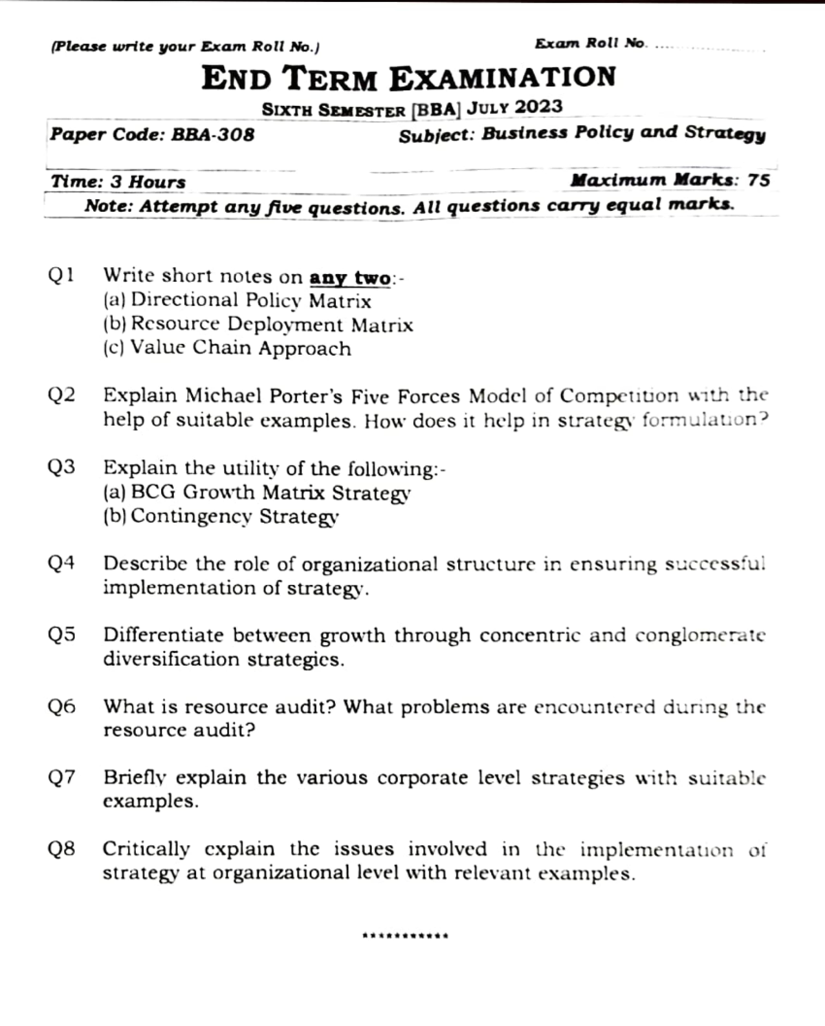 BPS PYQ - important questions - (Please write your Exam Roll No.) Paper ...