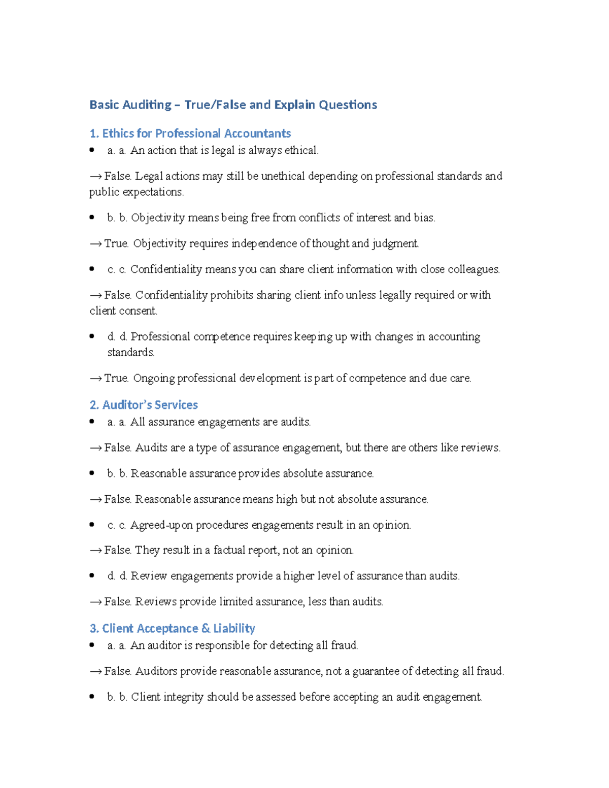 Basic Auditing T/F Questions: Ethics, Services & Concepts - Studocu