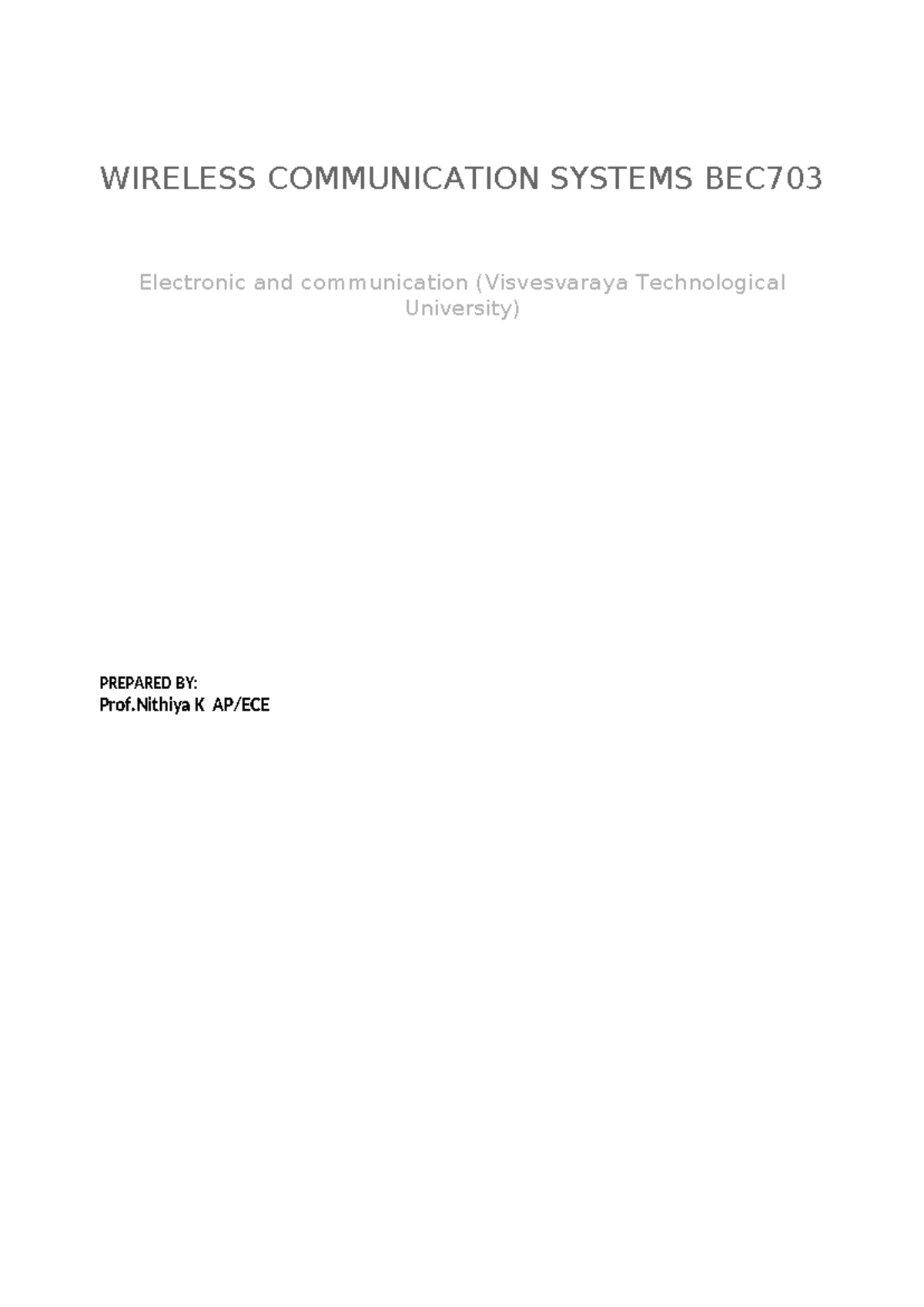 Wireless Communication Systems BEC703: Lecture Notes by Prof. Nithiya ...