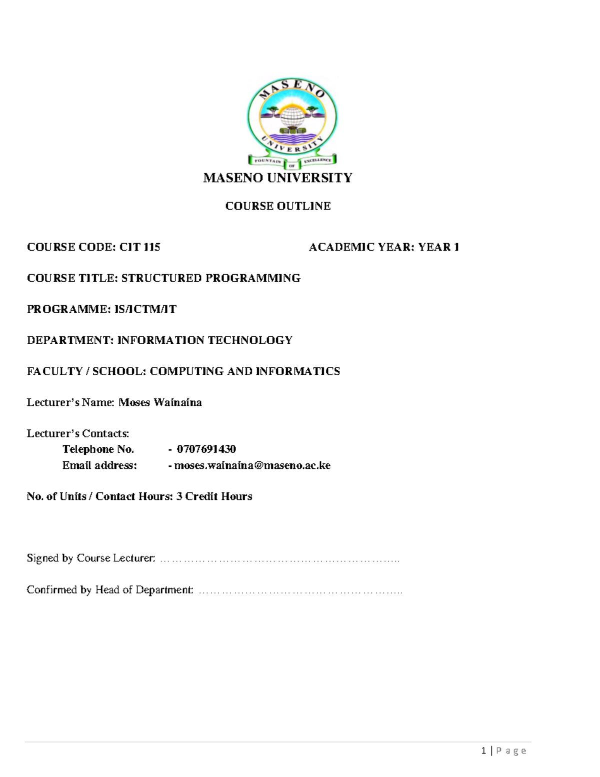 CIT 115 Course Outline: Structured Programming for Year 1 Students ...