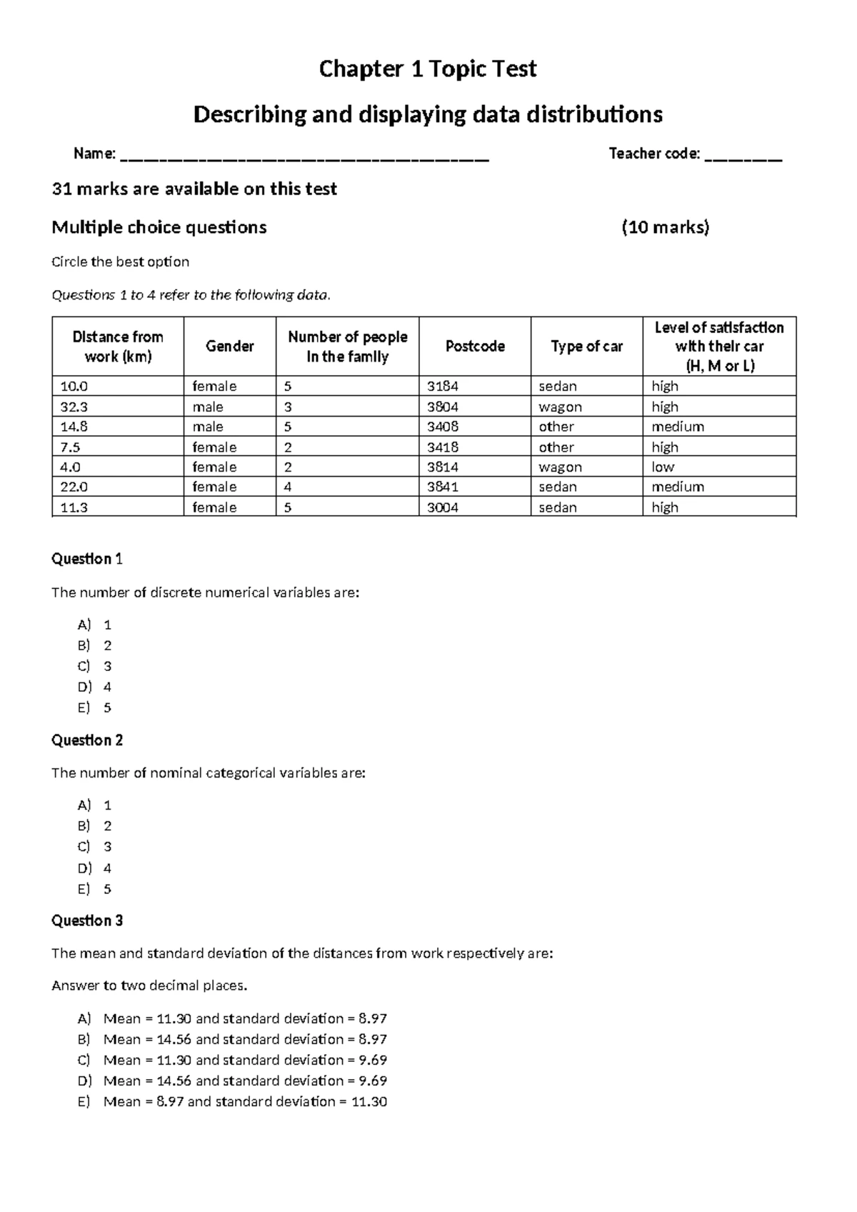 Ch 1b Topic Test: Summarising Numerical Data (28 Marks) - Studocu