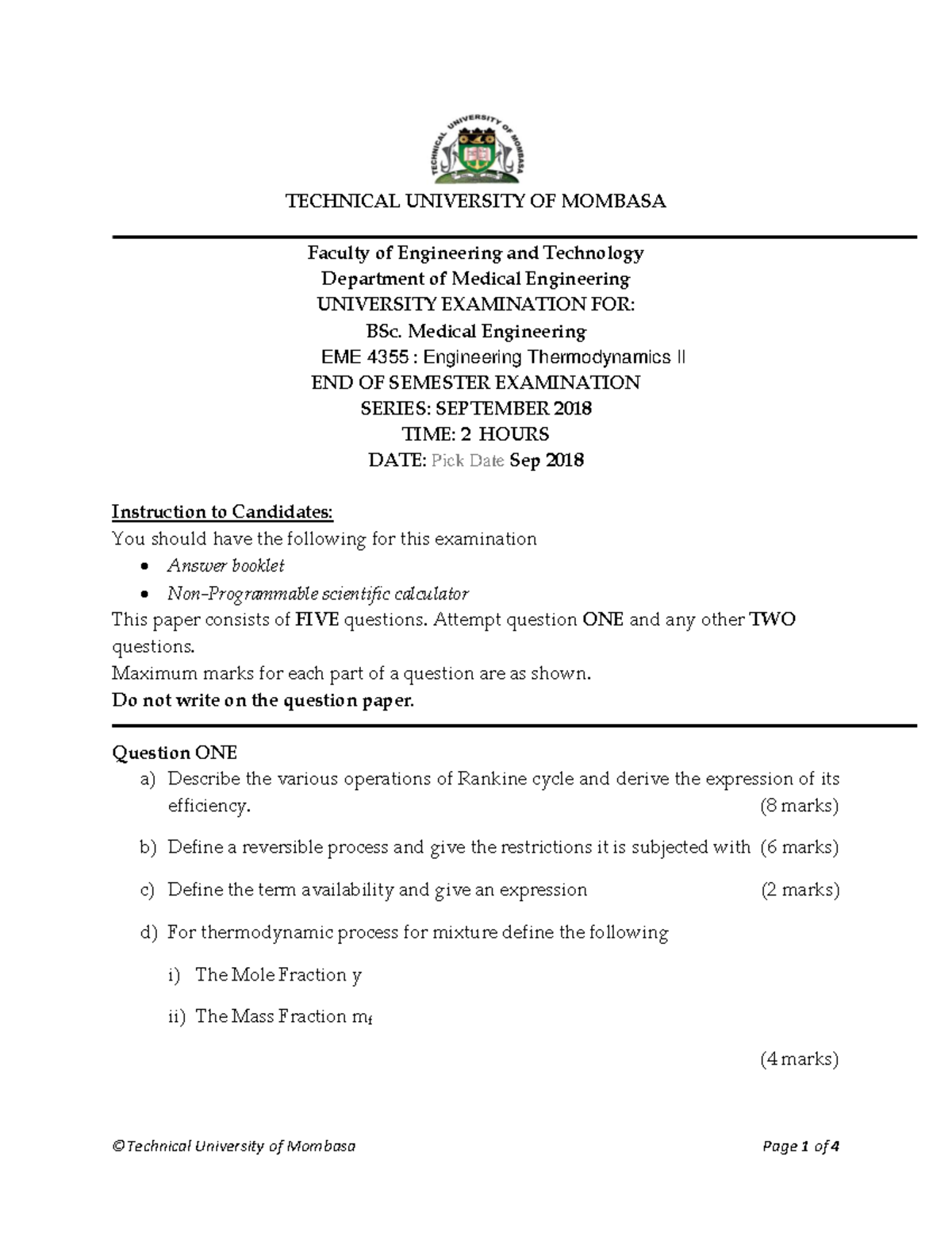 EME 4355 Final Exam: Engineering Thermodynamics II Medical 2018 - Studocu