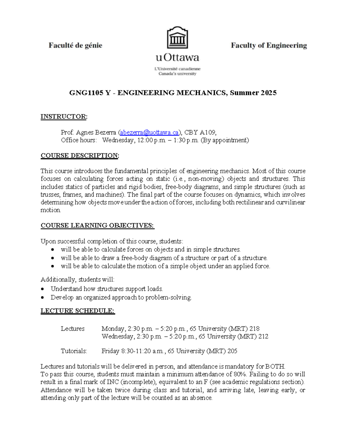 GNG1105 C - Engineering Mechanics Course Outline, Summer 2025 - Studocu