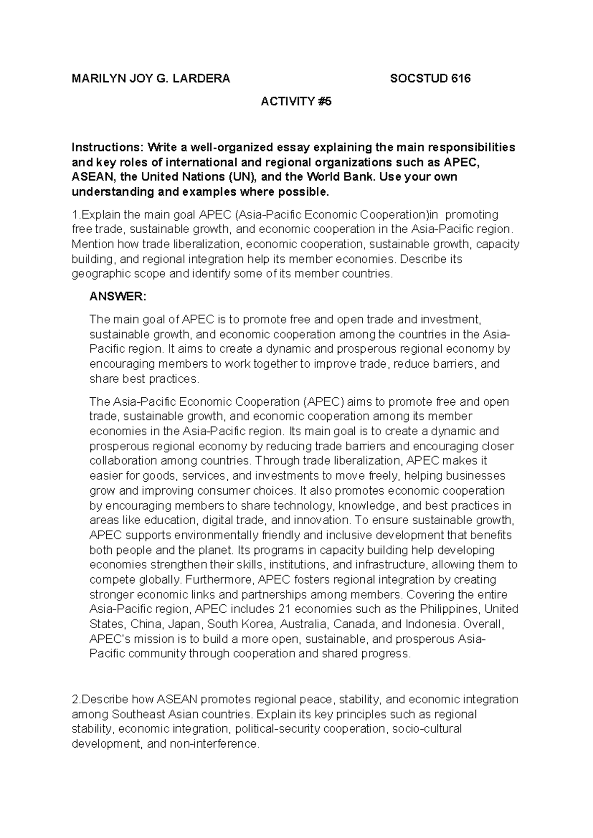 SOCSTUD 616 Activity #5: Roles of APEC, ASEAN, and the World Bank - Studocu