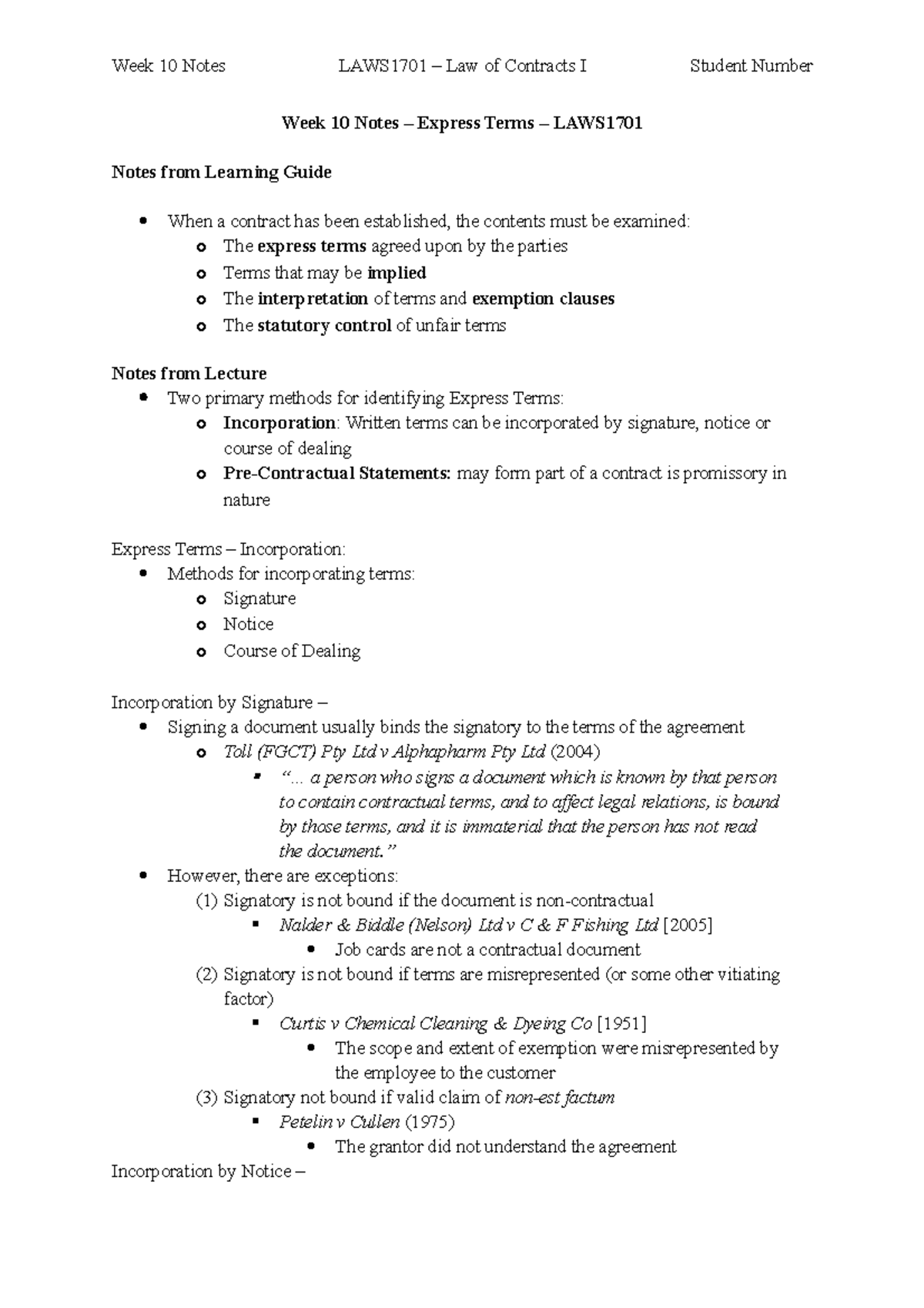 Week 10 Notes - LAWS1701 - Week 10 Notes – Express Terms – LAWS Notes ...