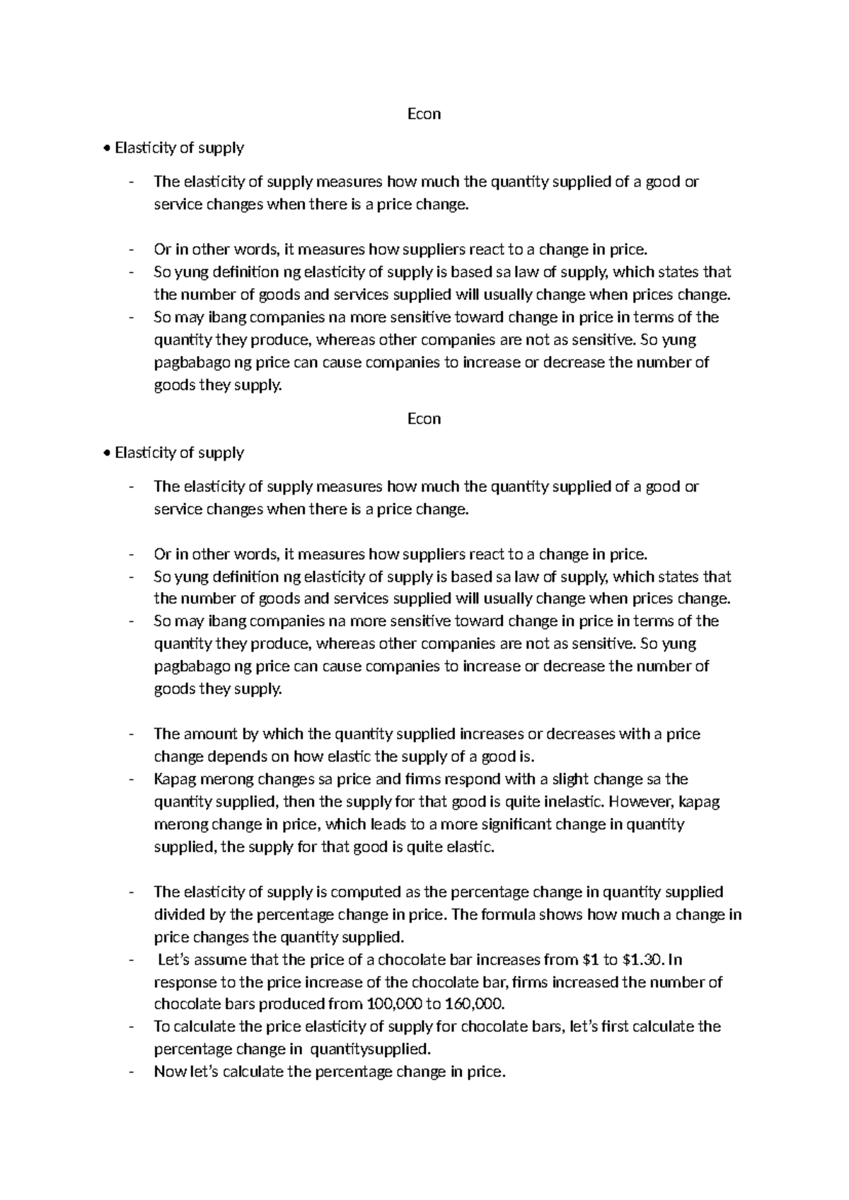 Econ 101: Understanding Elasticity of Supply and Price Changes - Studocu