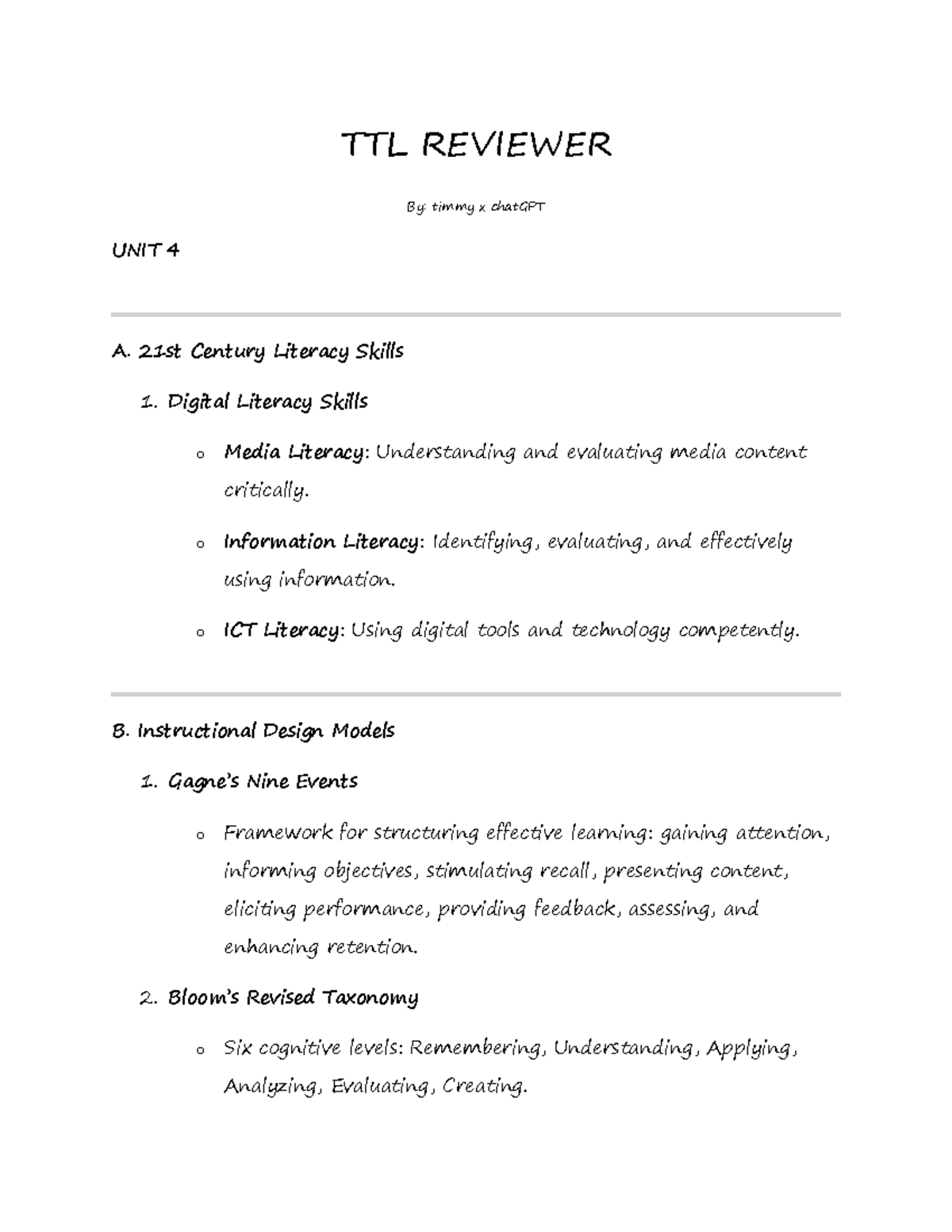 TTL Reviewer - ... - TTL REVIEWER By: timmy x chatGPT UNIT 4 A. 21st ...