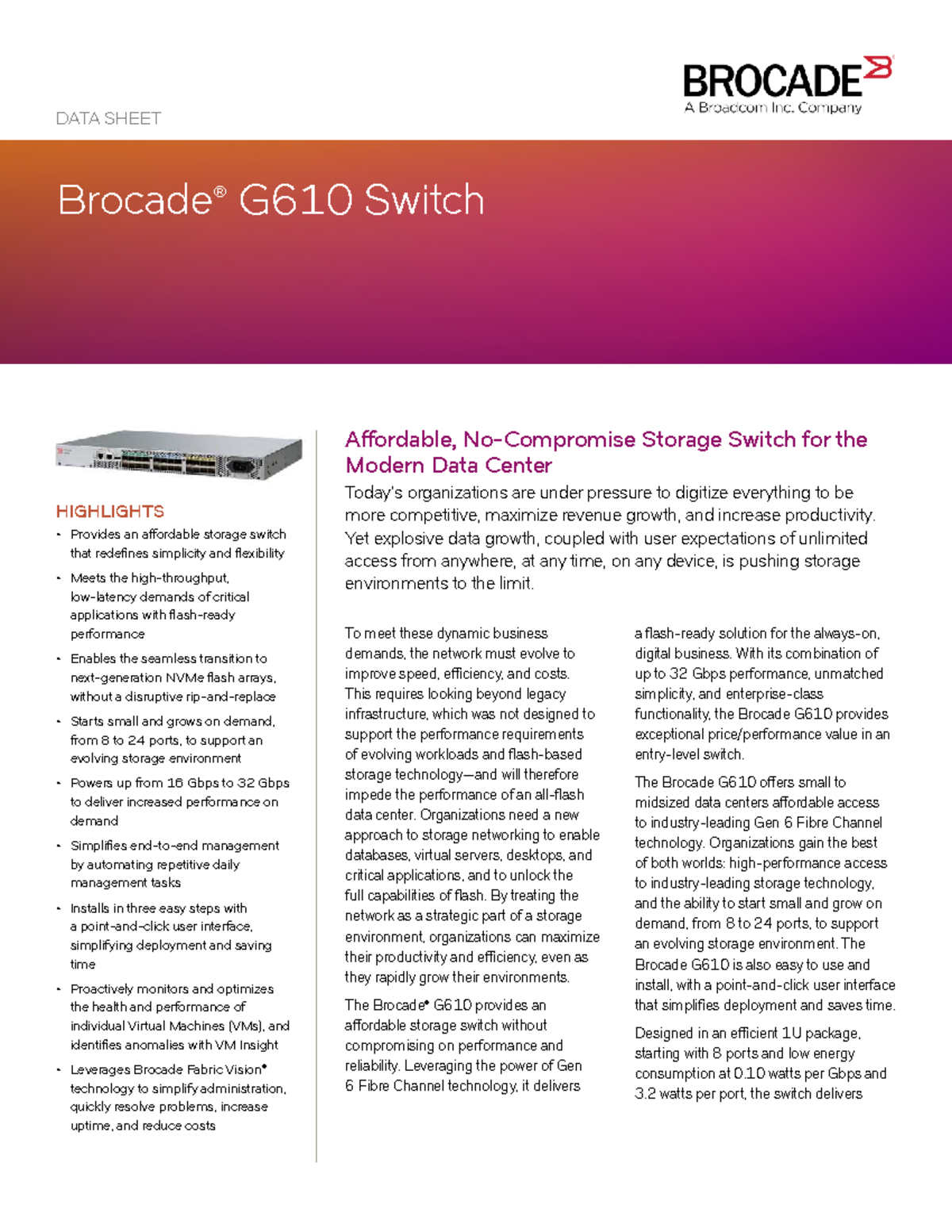 Brocade G610 Switch Data Sheet: Affordable Storage Solution for Data ...