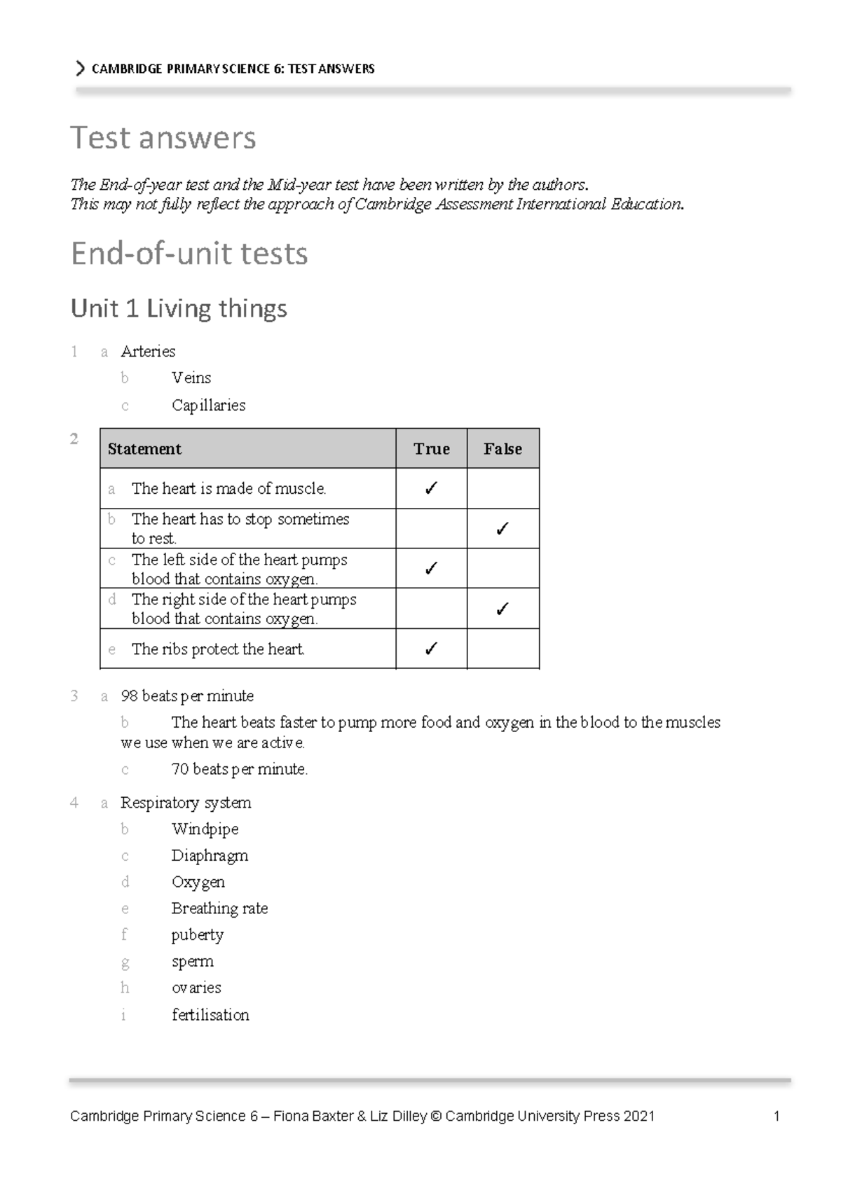CAMBRIDGE PRIMARY SCIENCE 6: G6 UNIT TEST ANSWERS - Studocu